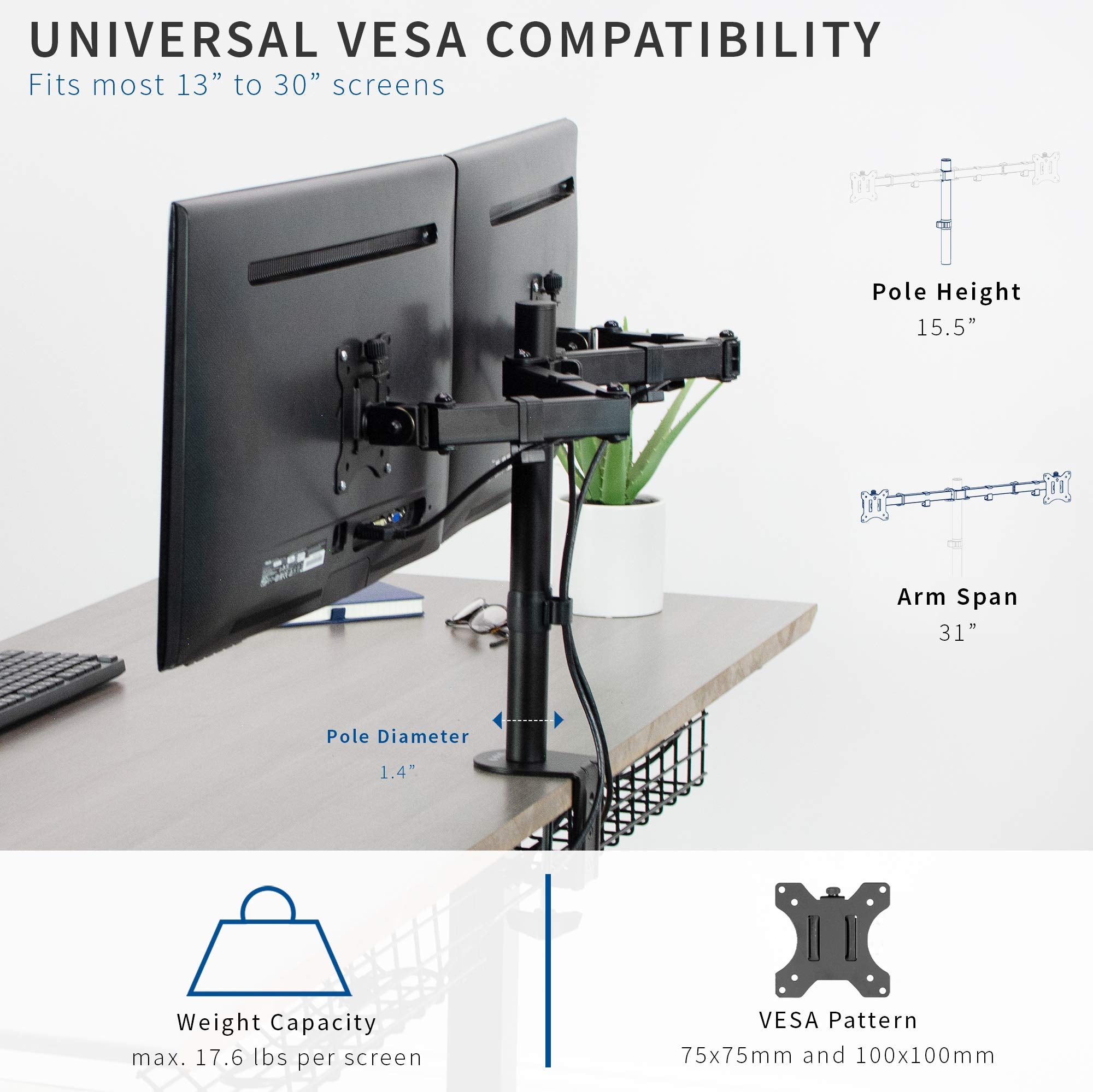 VIVO Dual 13 to 30 inch LCD Monitor Desk Mount, Fully Adjustable Stand with Tilt and Swivel, Holds 2 Screens with Max VESA 100x100, STAND V200B