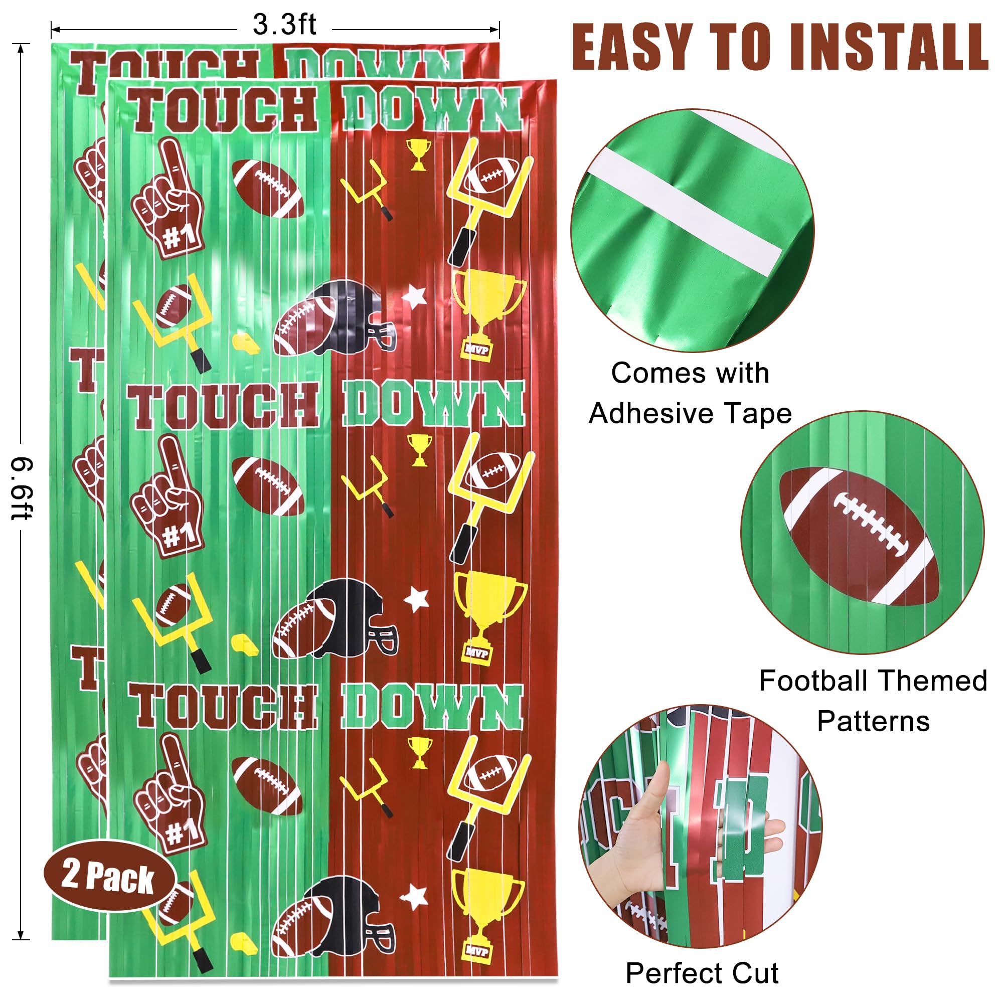 Superbowl Football Party Decorations Foil Fringe Curtains, 2 Pack 3.3X6.6Ft Green Brown Tinsel Backdrop Super Bowl Sunday Night