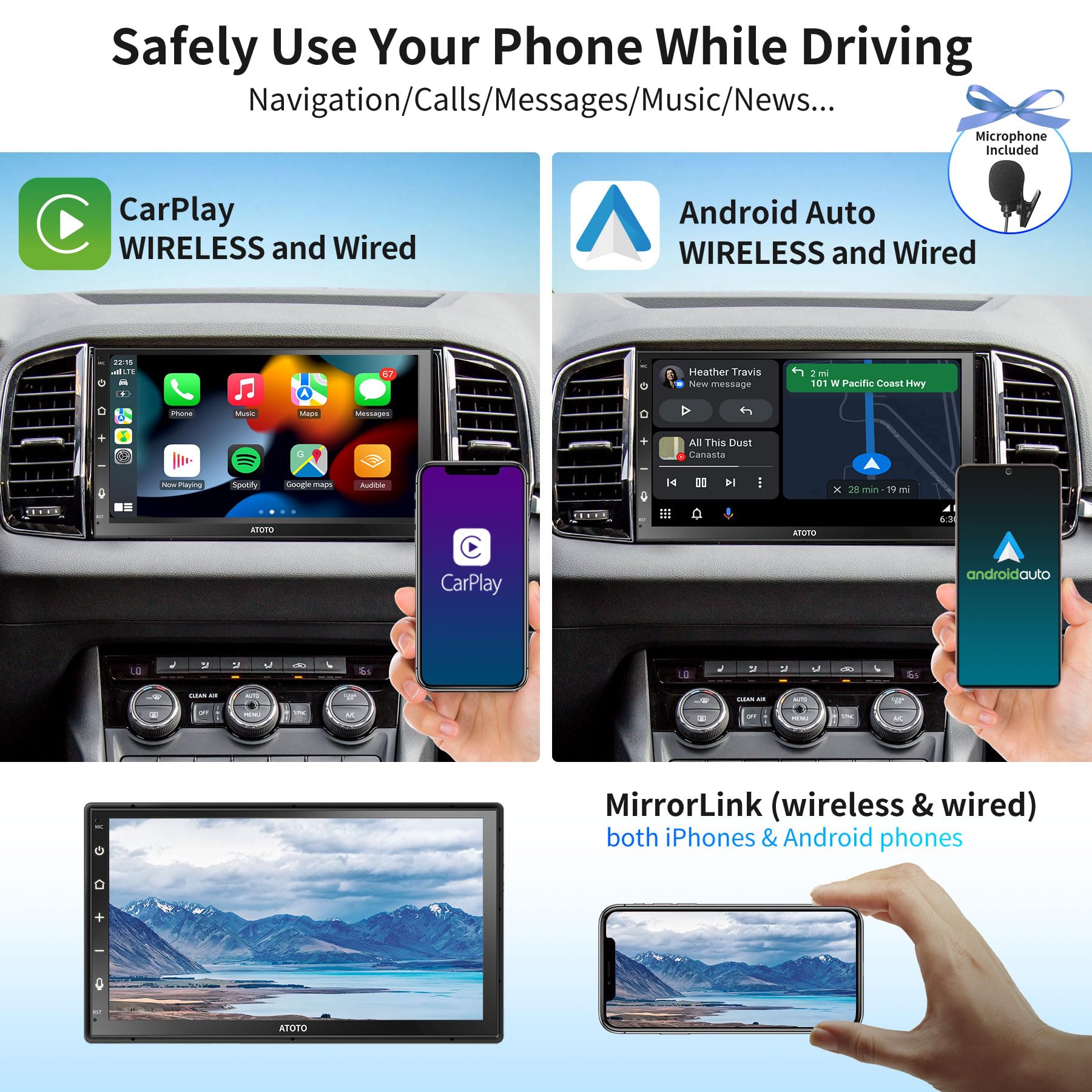 Atoto A6Pf 7Inch Double Din Android Car Stereo Qled Touchscreen, Wireless Carplay & Wireless Android Auto, Mirrorlink, Gps Track