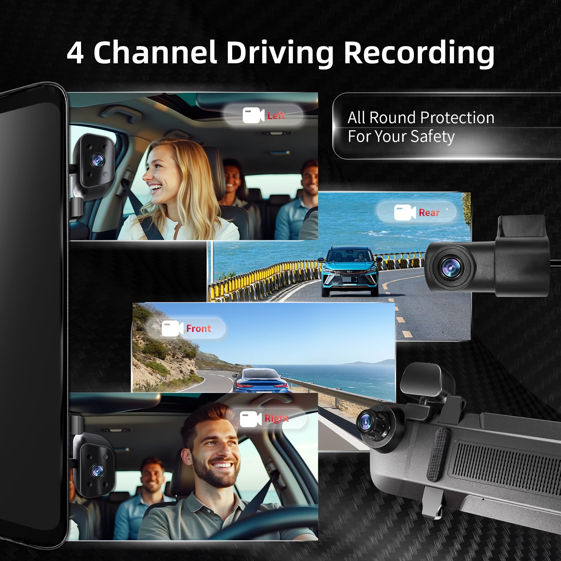 2025 Rear View Mirror Camera, 4 Channel Mirror Dash Cam Front And Rear Inside, 12 Touch Screen 360 Dash Camera For Cars, Wi-Fi,