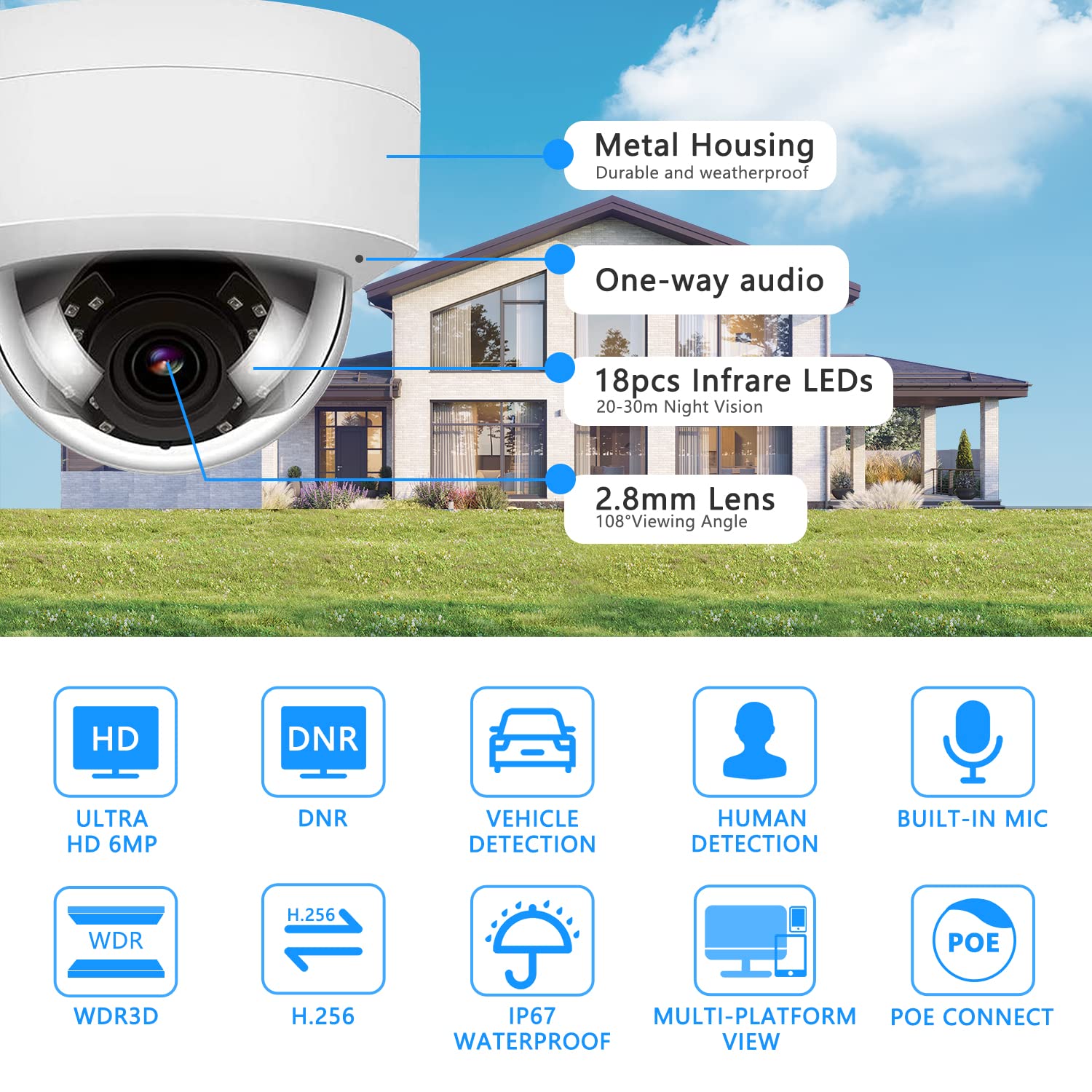 6Mp Poe Ip Vandal Dome Security Camera Outdoor, 2.8Mm Wide Angle, H.265, Ip67 Ik10, Built In Microphone Audio, Human Vehicle Det
