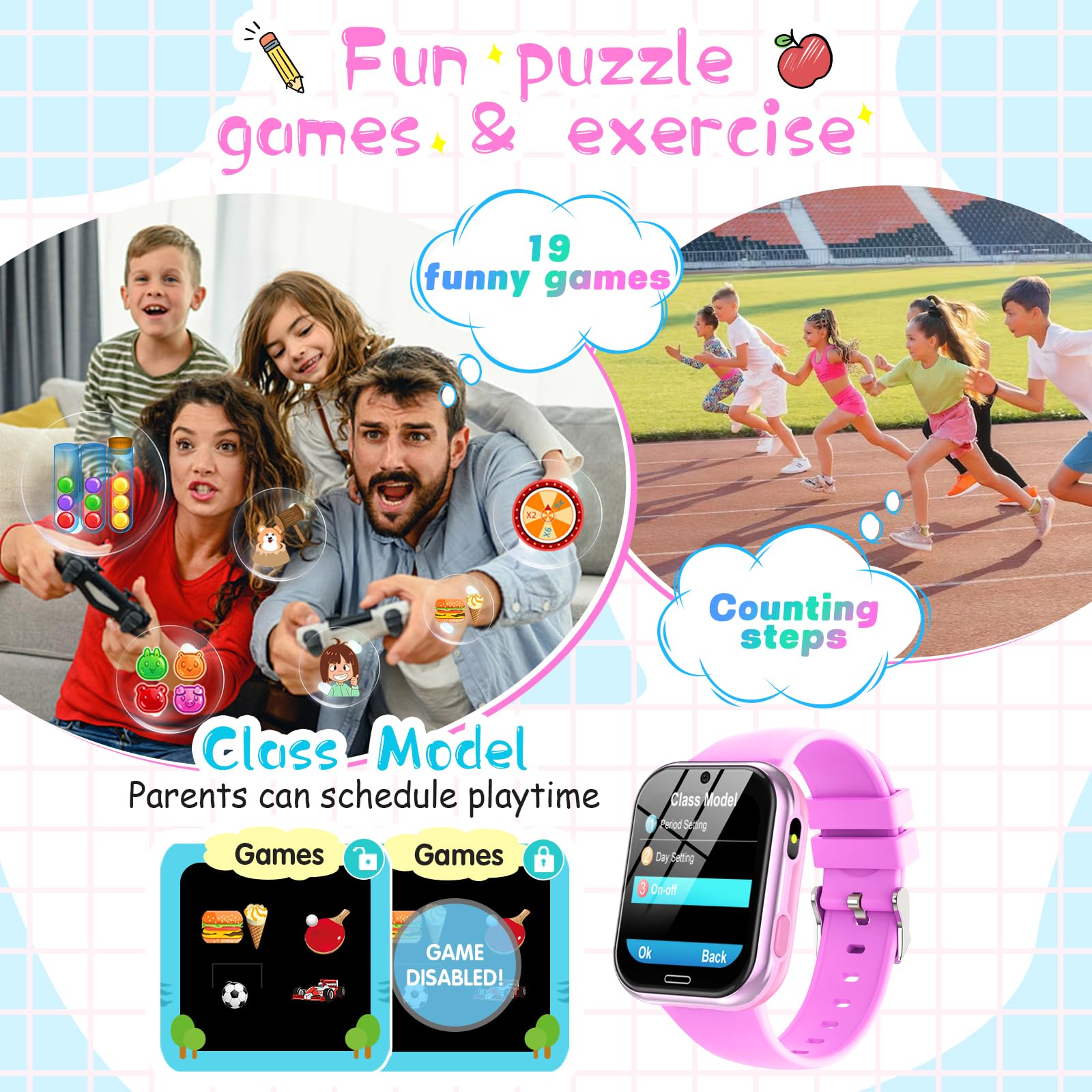 Smart Watch For Kids, Kids Smart Watch Toys 19 Games Touch Screen Watch Camera Music Video Pedometer Calculator Alarm Clock Lear