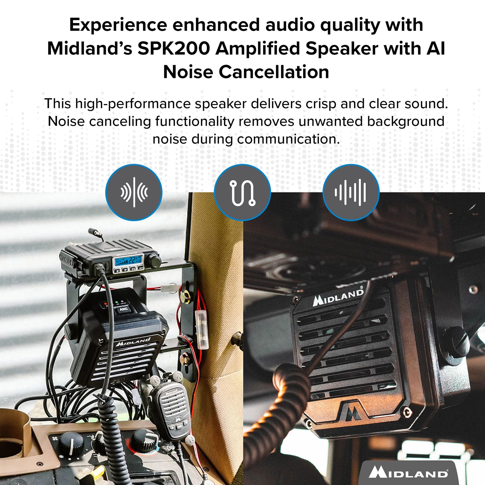 Midland Spk200   Amplified External Speaker With Ai Noise Cancellation, 20 Watts Of Power, 8 Ohms Dynamic Sound, Ip67 Waterproof (Ultimate)