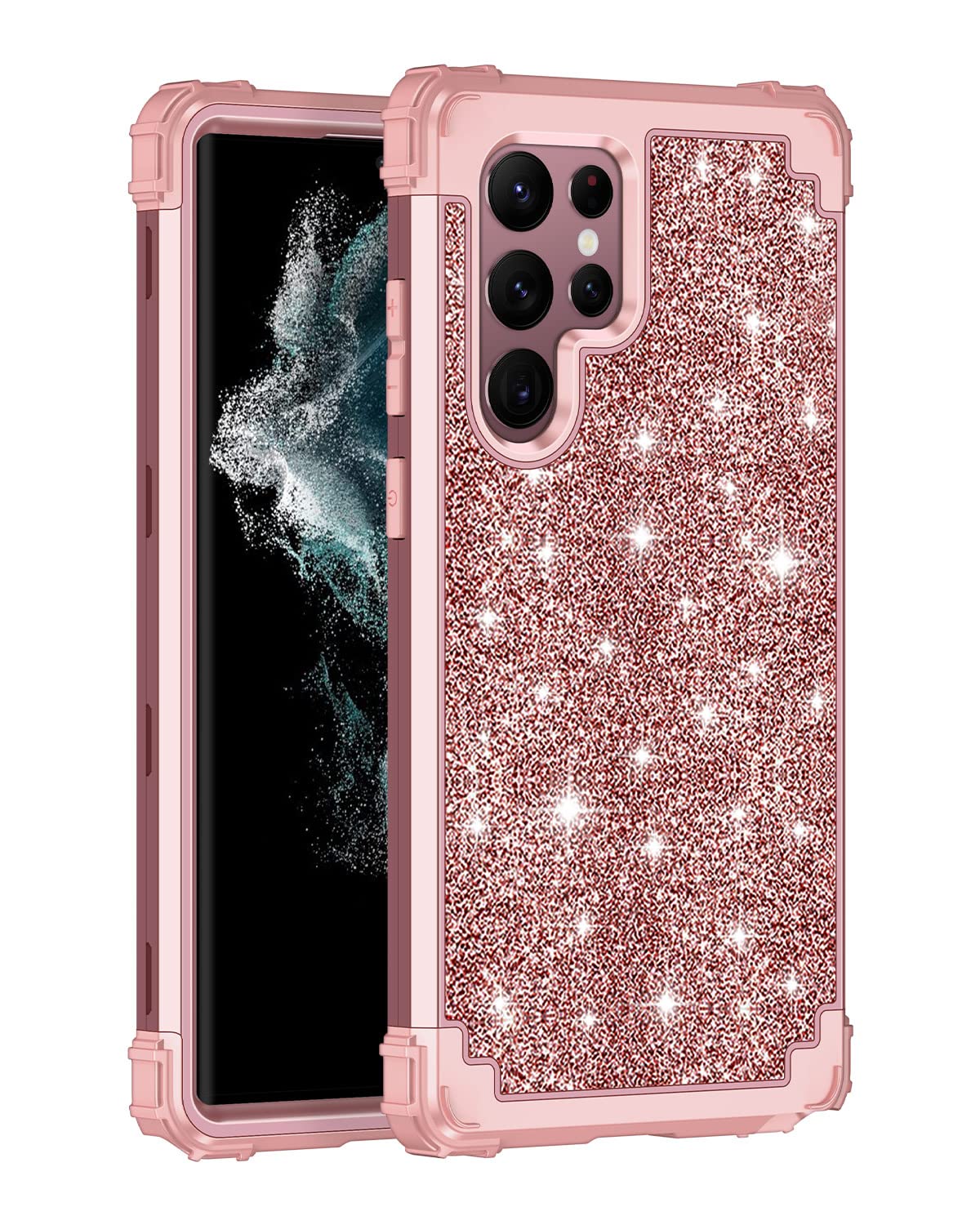 Lontect For Galaxy S22 Ultra 5G Case Three Layer Shockproof Heavy Duty Hybrid Sturdy High Impact Protective Cover Glitter Sparkl