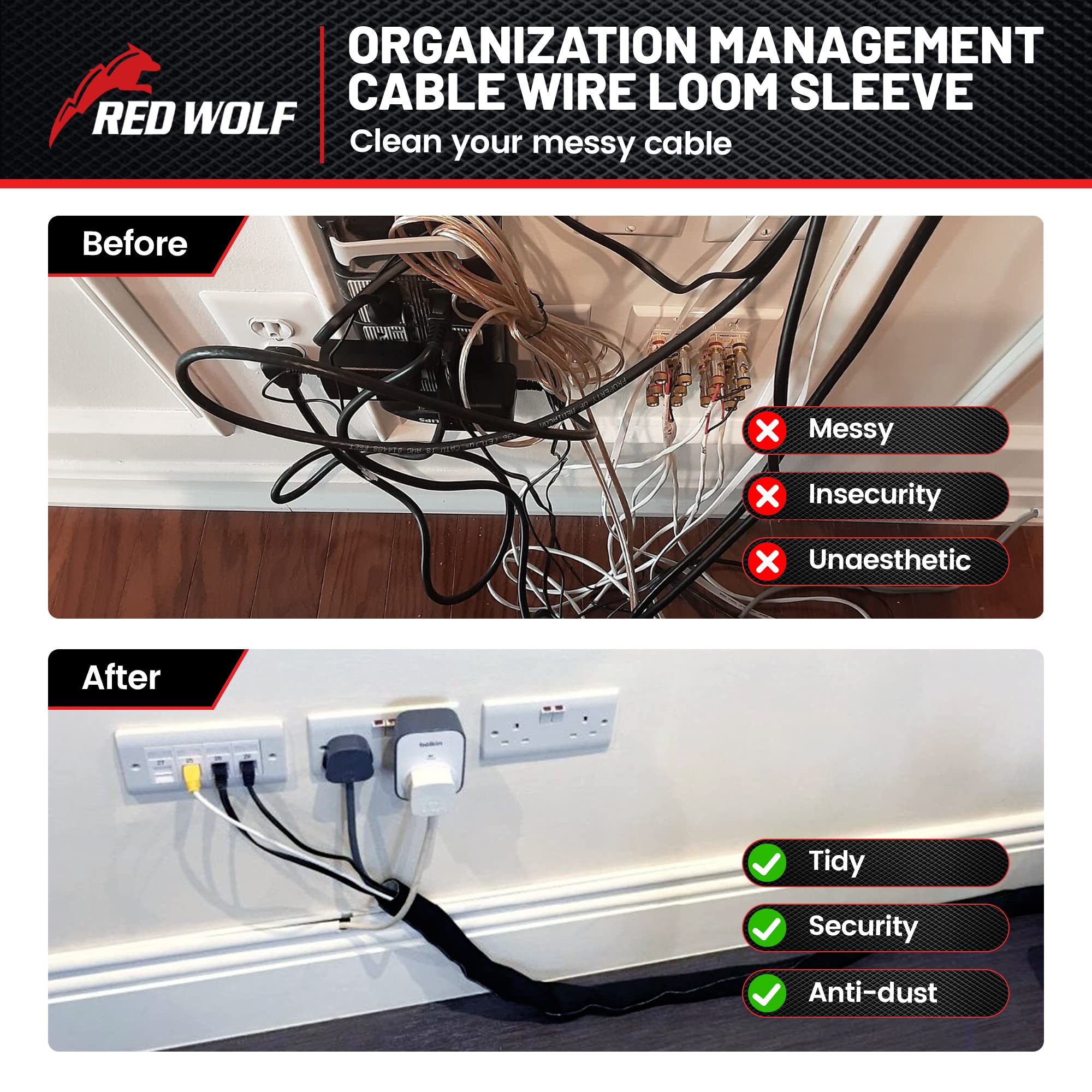 Red Wolf 10 Feet   3/4'' Split Cable Sleeves Cord Management Braided Wire Loom Sleeving Protector Wiring Cable Cover Flexible Se