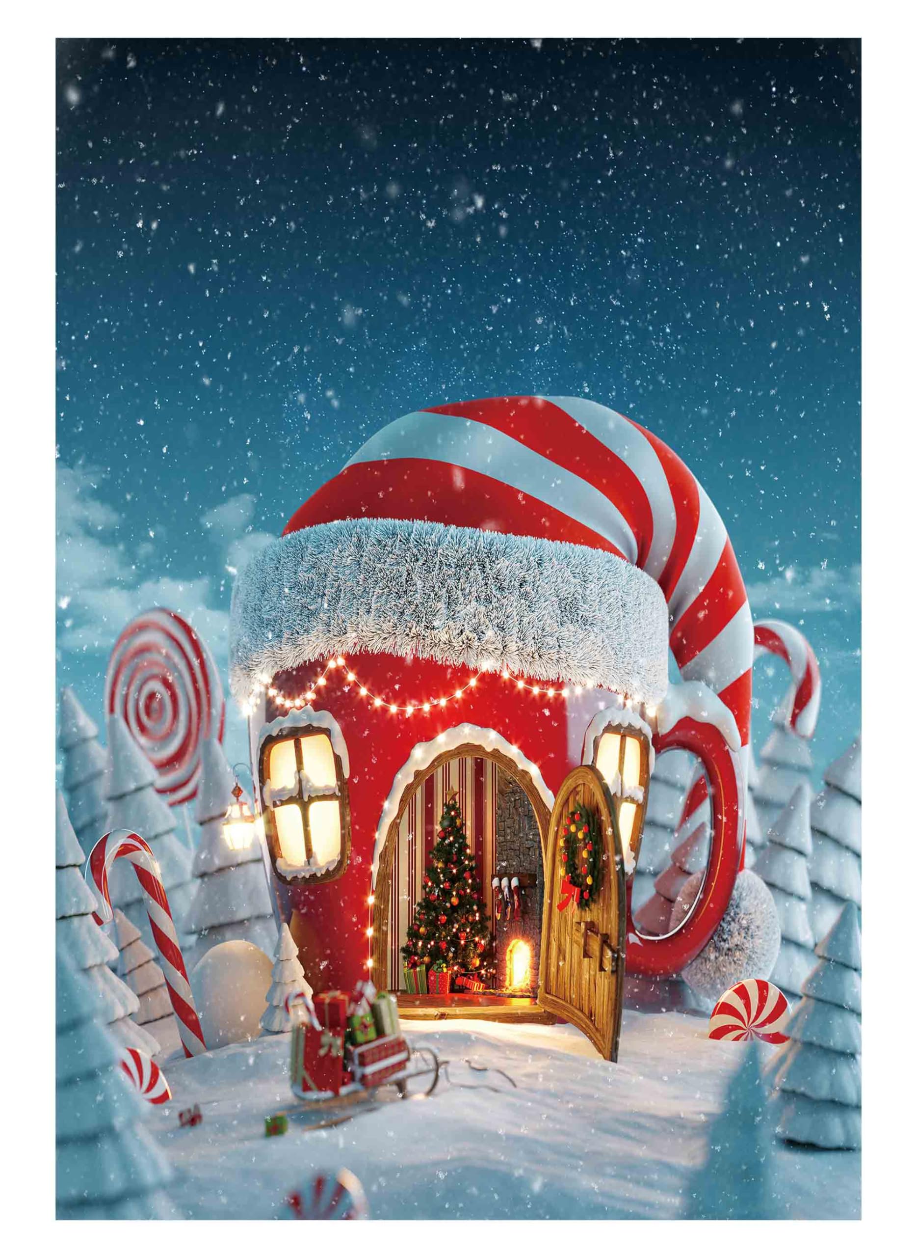 Funnytree 5X7Ft Christmas Candy Cup House Photography Backdrop Snow Pine Tree Red And White Stripes Background Children Newborn Baby Portrait Photo Studio Photobooth Props