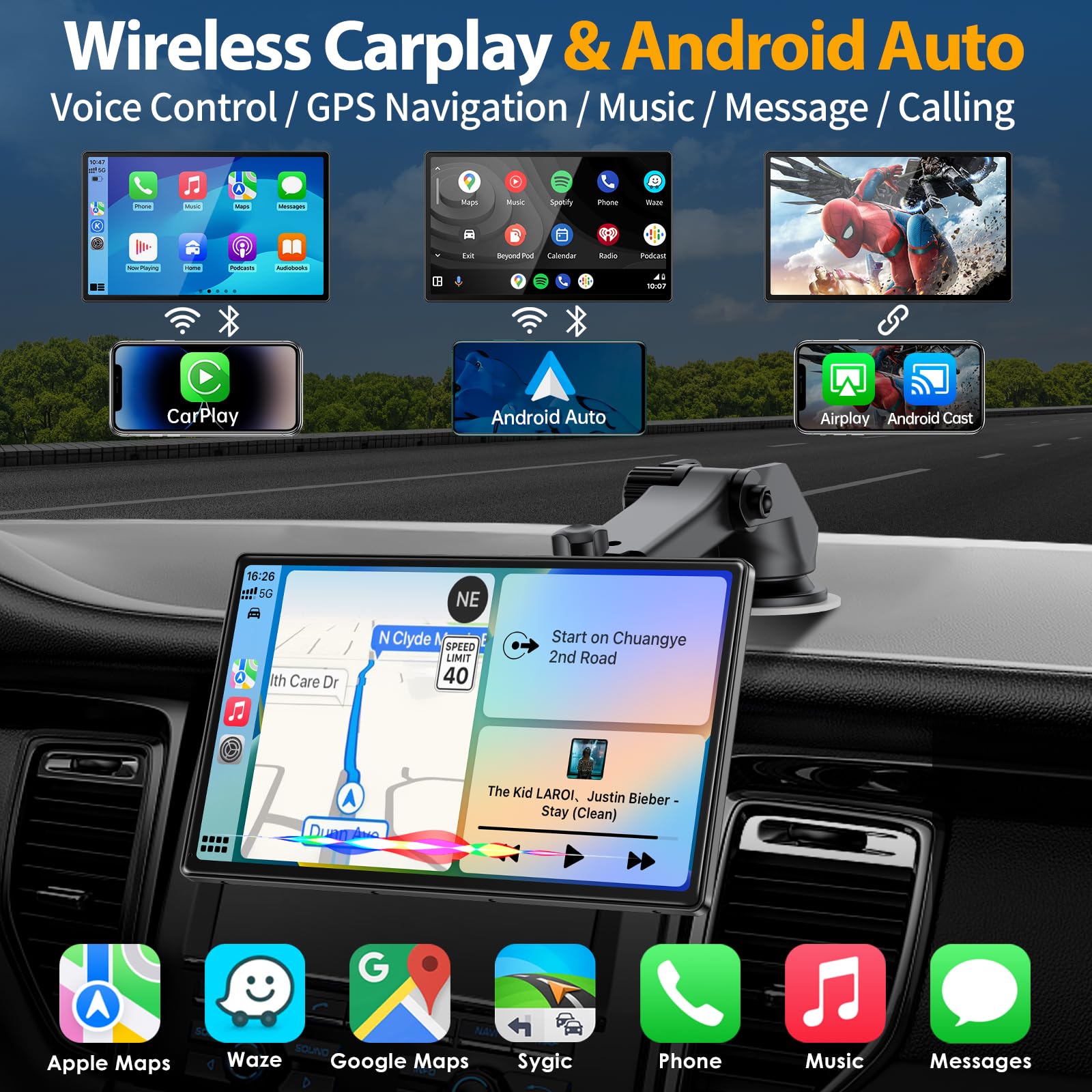 Wireless Apple Car Play With 4K Dash Cam, 9'' Portable Apple Carplay & Android Auto Car Stereo, Carplay Screen With 1080P Backup