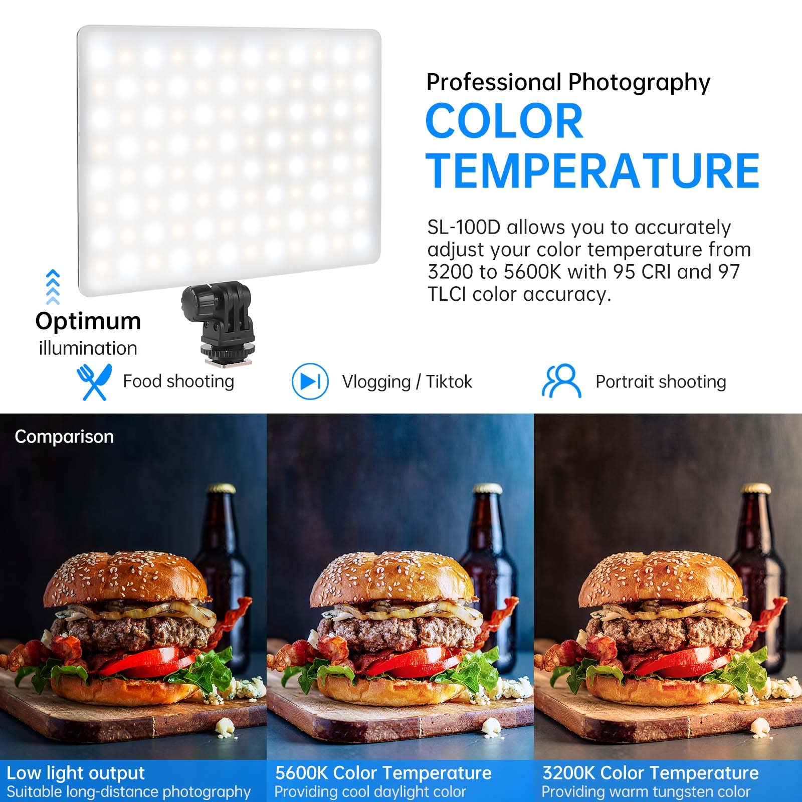 Mettlelite Sl100D Led Video Light Bi Color On Camera Continuous Dimmable Photography Lighting Portable Studio Led Panel 3200K 56