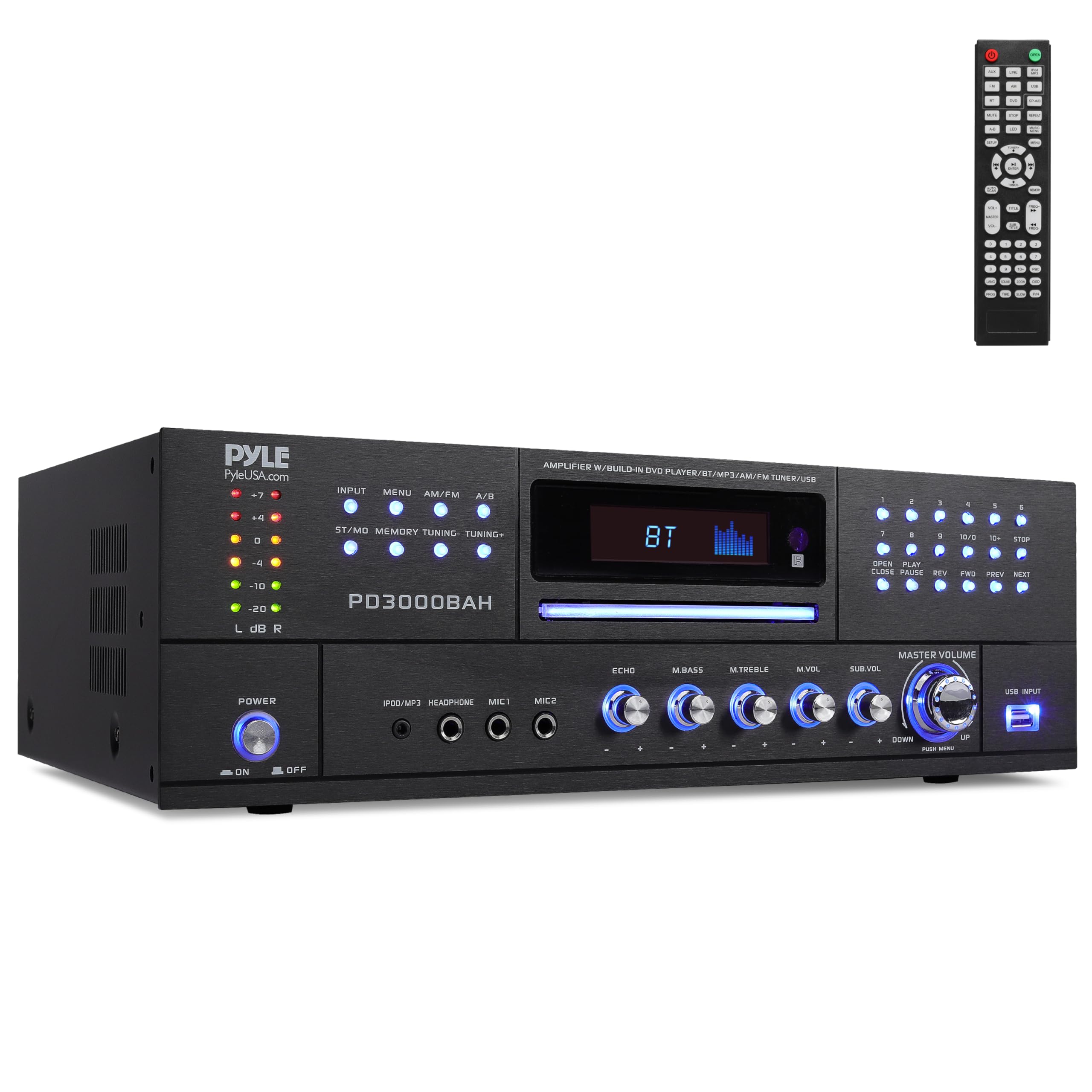 Pyle 3000W 4-Channel Wireless Bluetooth Amplifier - Stereo Home Audio Receiver with Front CD/DVD Player, FM Radio, Hi Def Input,