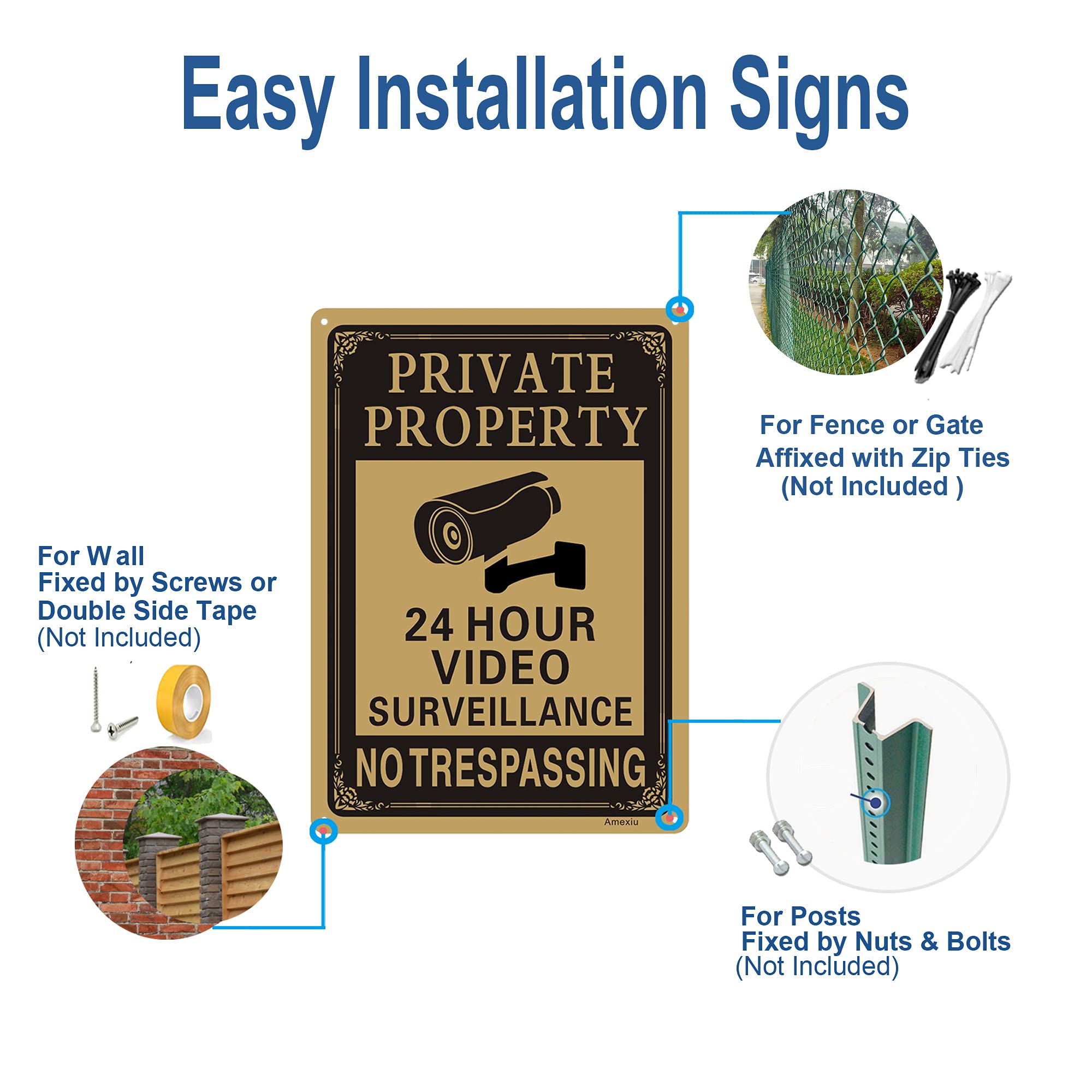 2 Pack Large Private Property No Trespassing Sign   24 Hours Video Surveillance Warning Sign | 14'' X 10'' Rust Free Aluminum Ea