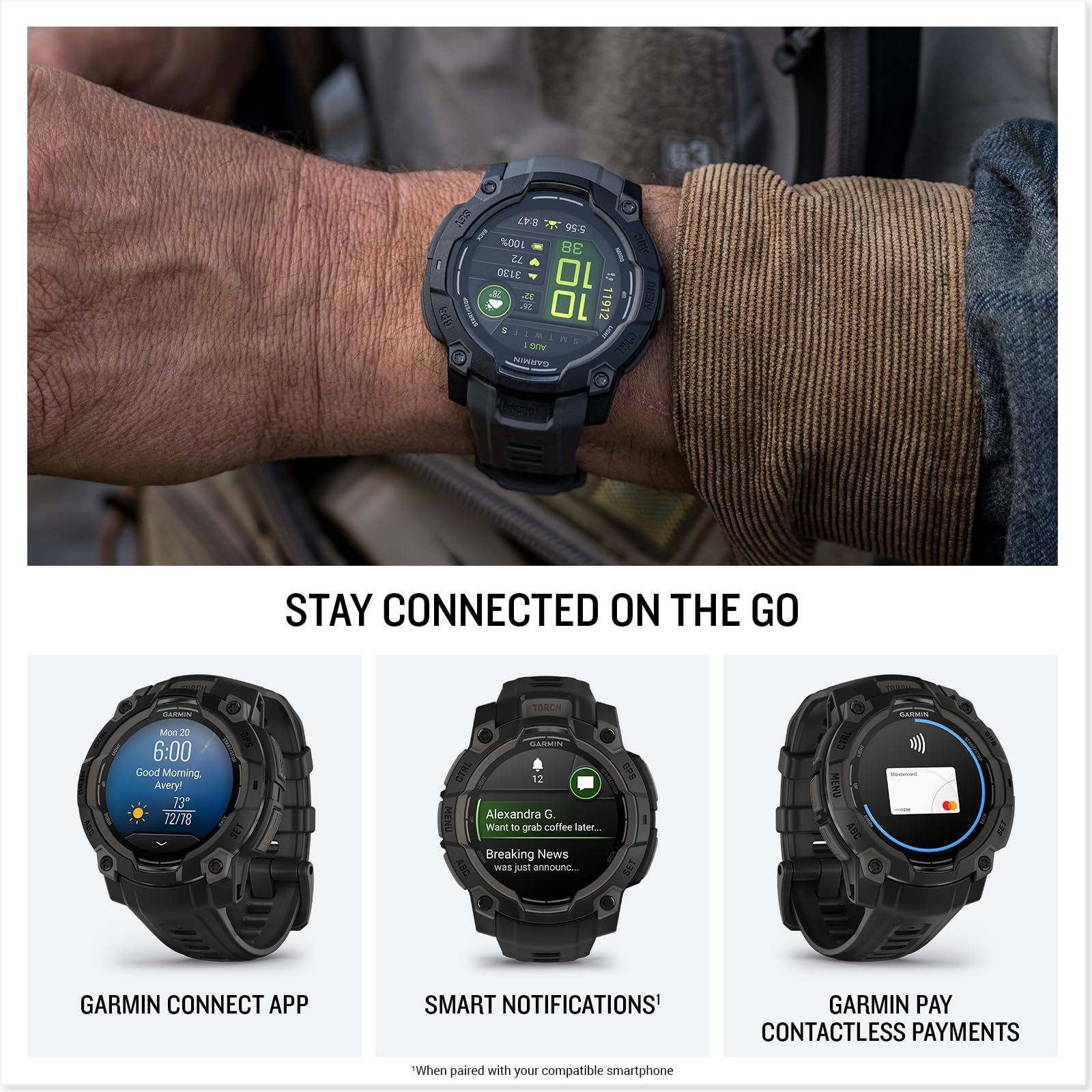 Garmin Instinct? 3 45Mm, Amoled Display, Rugged Outdoor Gps Smartwatch, Metal Reinforced Bezel, Built In Flashlight, Up To 18 Da