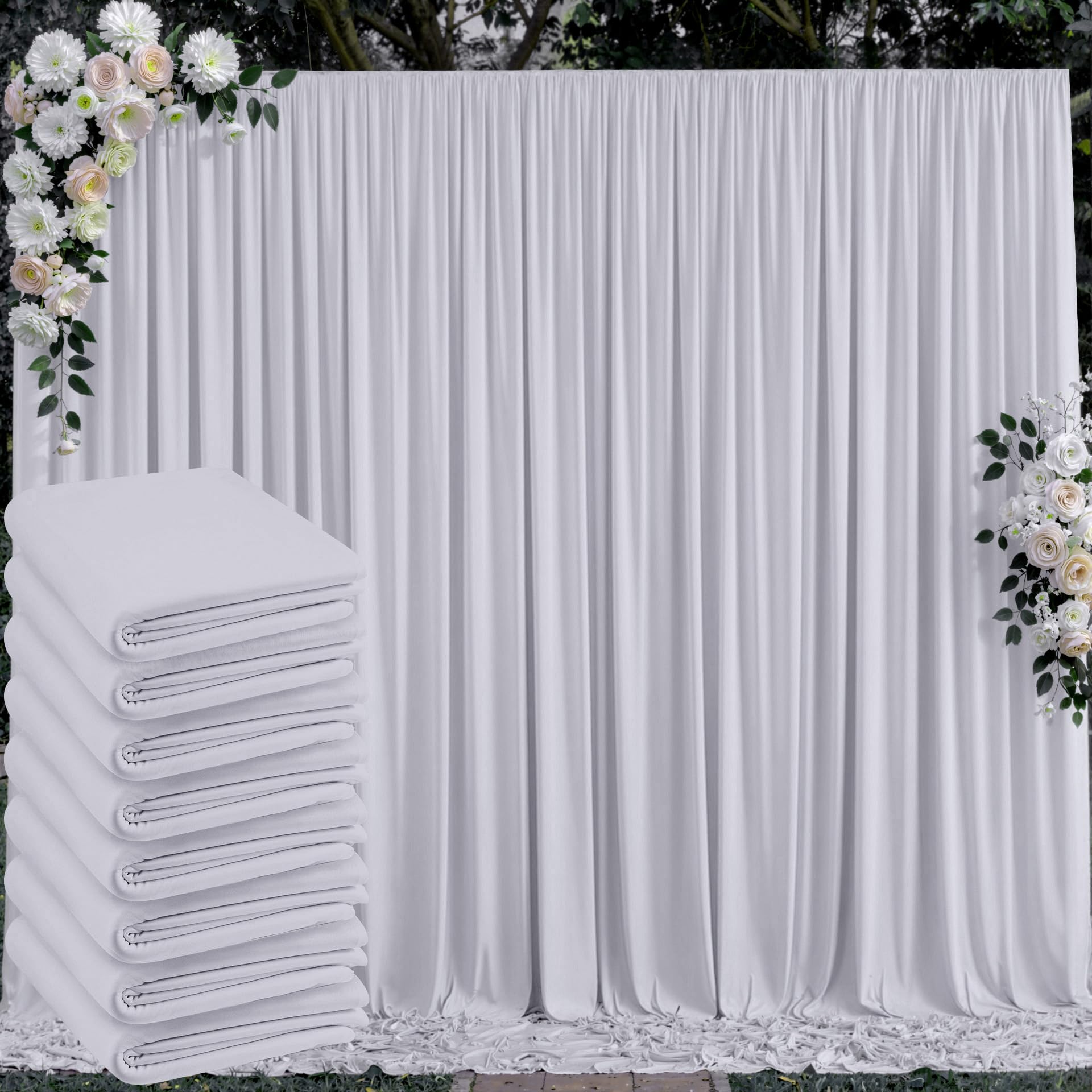 40 ft x 10 ft Wrinkle Free Silver Backdrop Curtain for Parties, Polyester Silver Grey Backdrop Drapes 8 Panels 5x10ft for Baby S