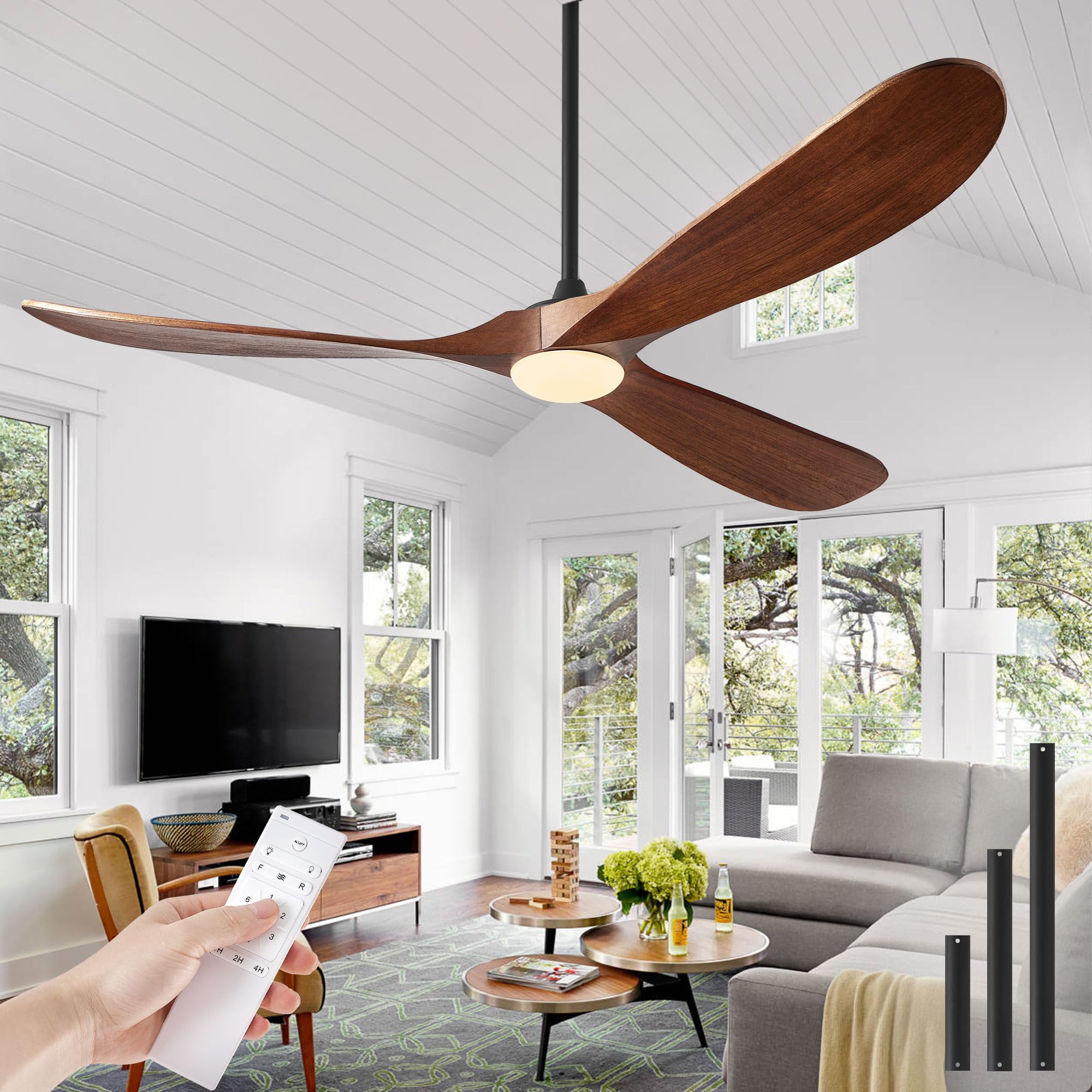 Haipeel 72 Inch Ceiling Fans with Lights, Solid Wood Propeller Large Ceiling Fans with Lights and Remote Control Modern Outdoor 