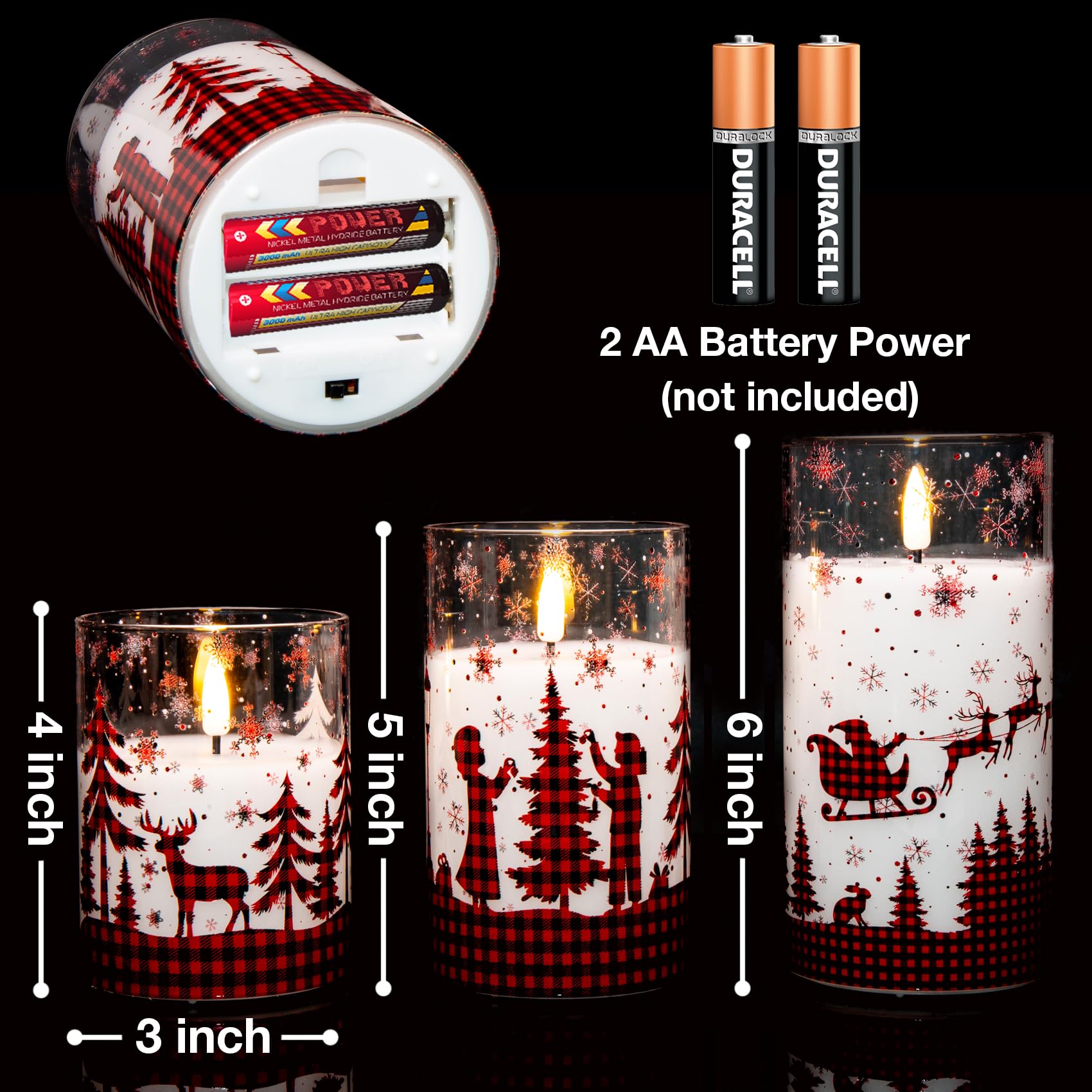 Eywamage Red Buffalo Plaid Christmas Flameless Candles With Remote, Flickering Led Pillar Candles In Glass Set Of 3