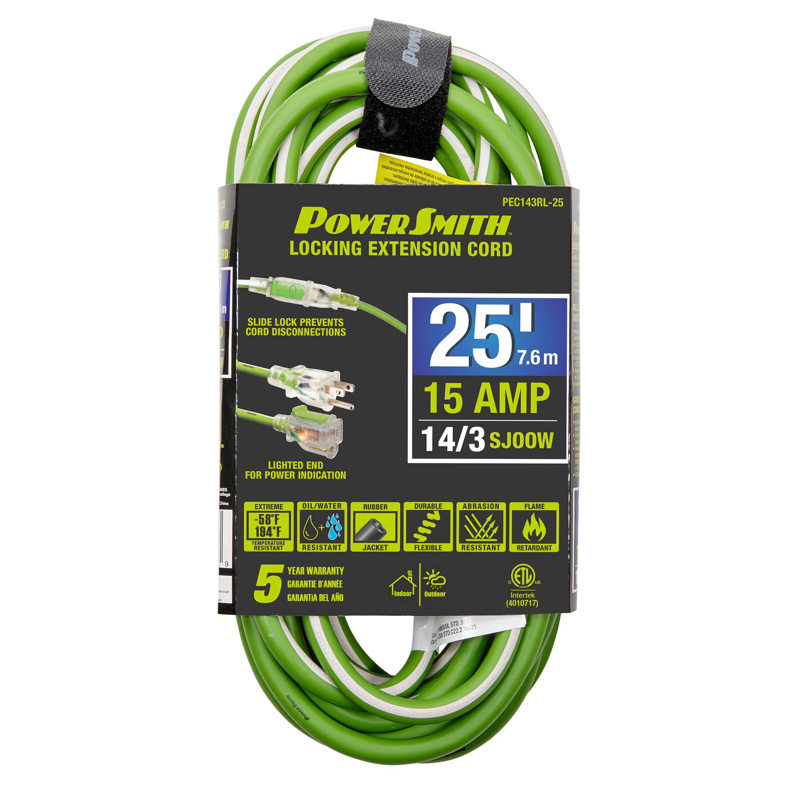 Powersmith 25 Ft. Medium Duty Extension Cord 14/3 Sjoow 15 Amp Indoor/Outdoor Locking, Lighted End,  58F To 194F, 5 Year Warrant