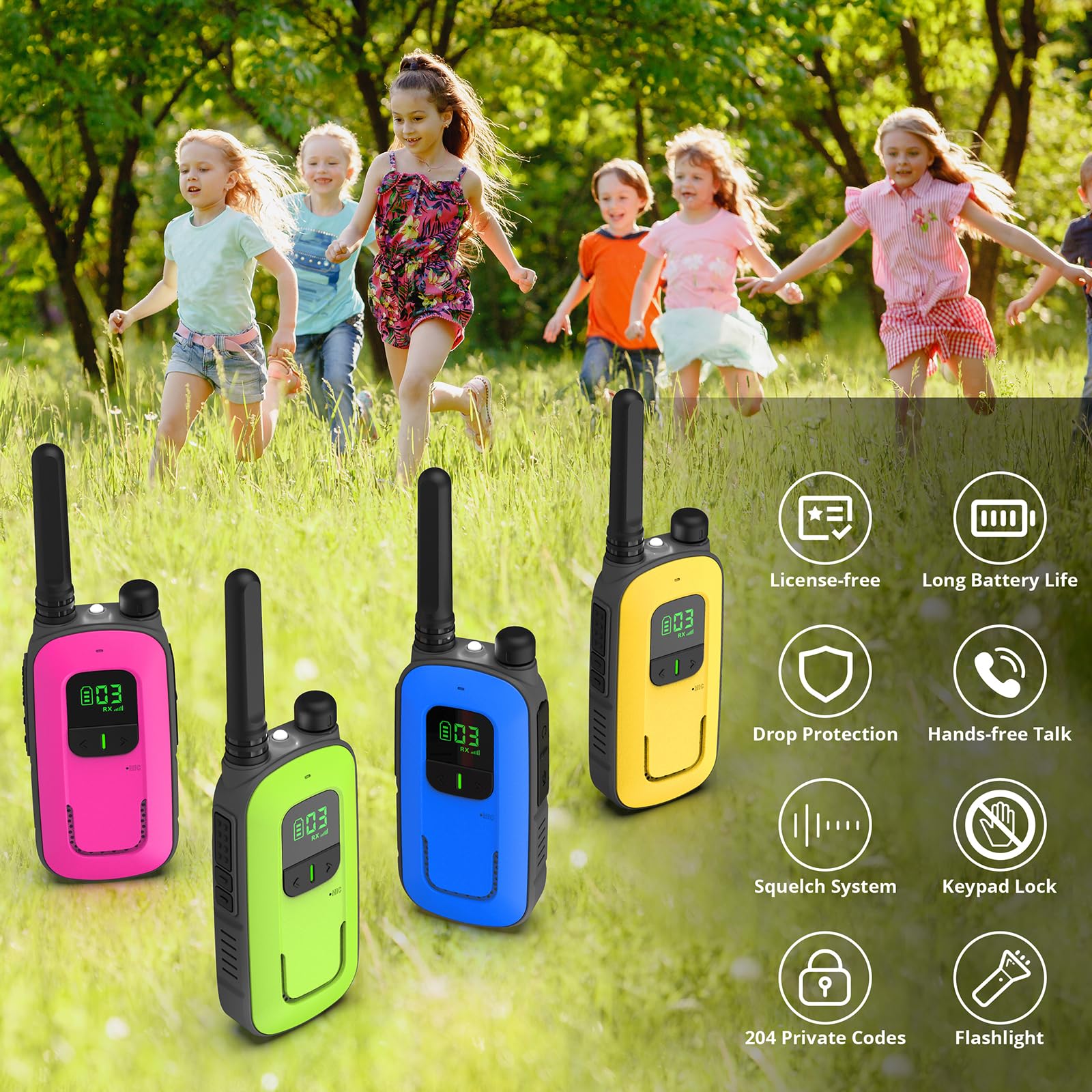 Radioddity Fs T3 Walkie Talkies For Adults Kids Long Range 4 Pack Rechargeable Walky Talky Frs Two Way Radio, 22 Channels Licens