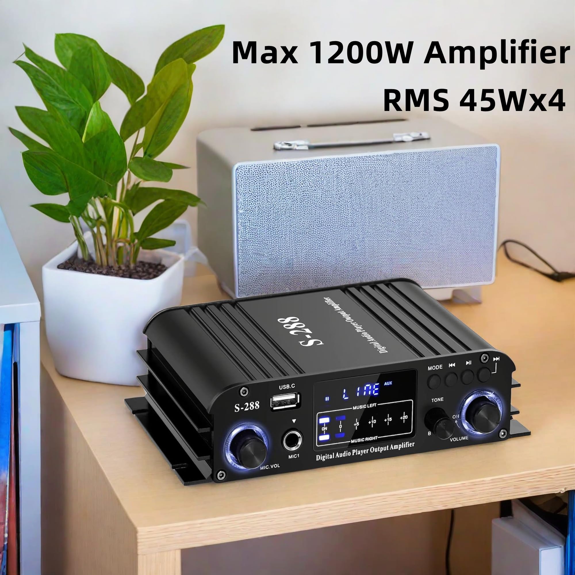 1200W Amplifier Home Audio 4 Channel, Bluetooth5.0 Small Amplifier, Rms 45Wx4, 300W*4 Peak Power Stereo Receiver With Usb, Sd, F