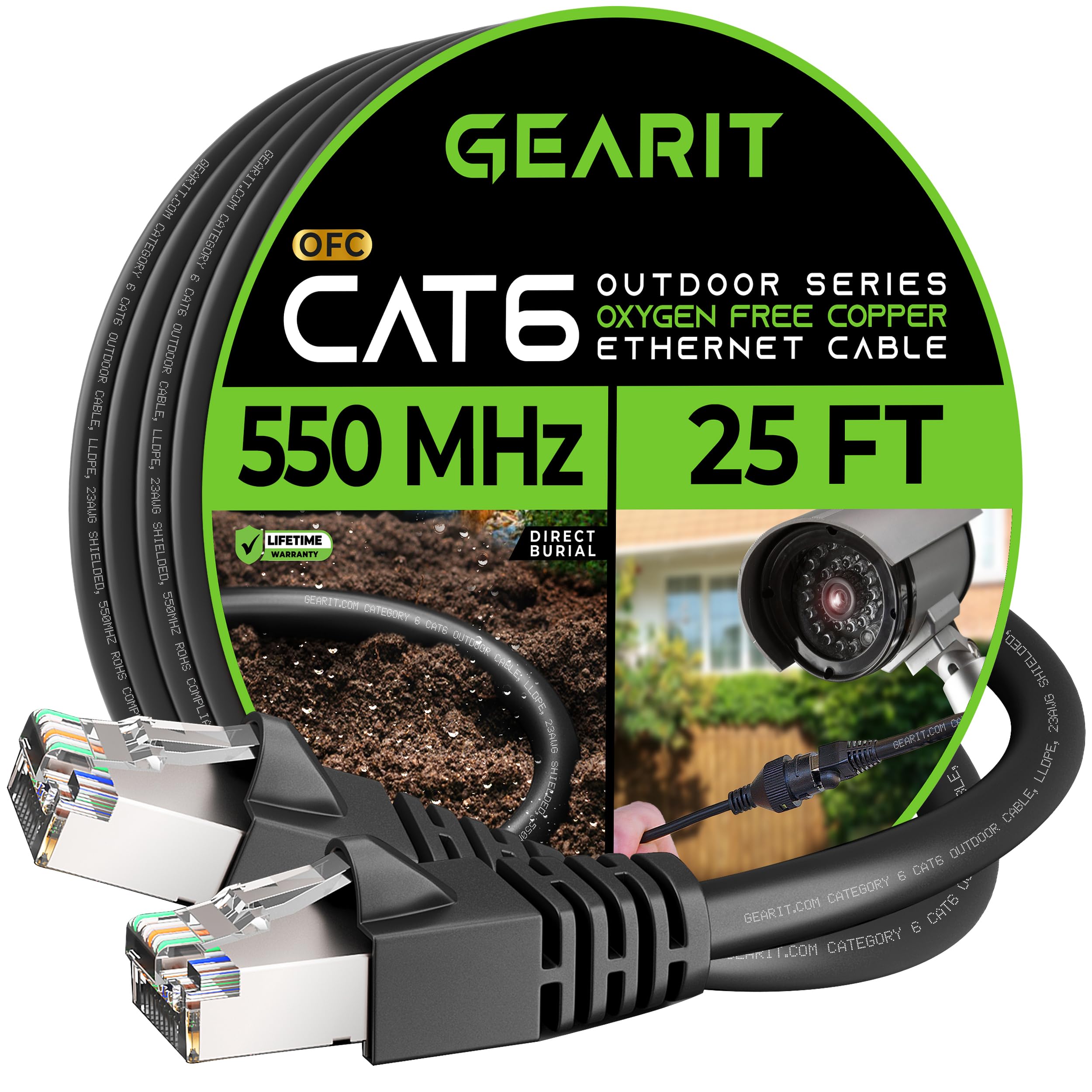 Gearit Cat6 Outdoor Ethernet Cable (25Ft) 23Awg Pure Copper, Ftp, Lldpe, Waterproof, Direct Burial, In Ground, Uv Resistant, Poe