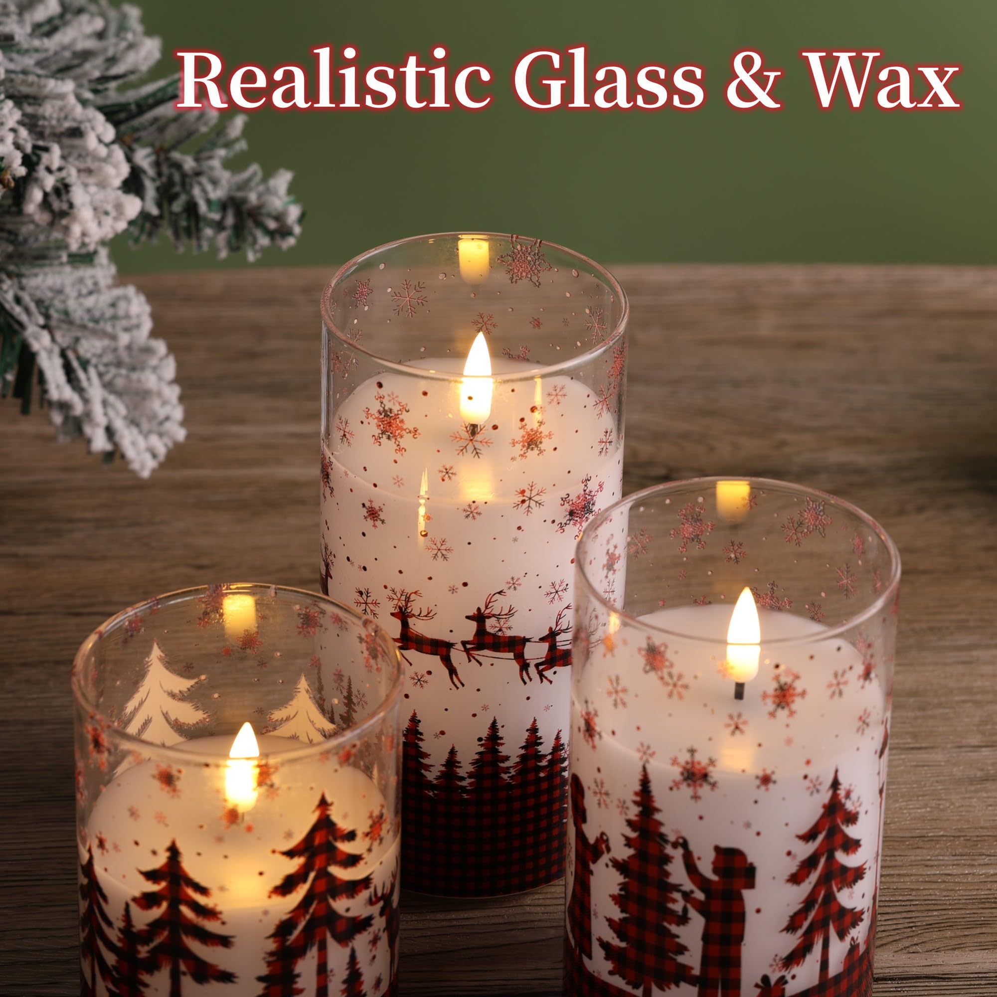 Eywamage Red Buffalo Plaid Christmas Flameless Candles With Remote, Flickering Led Pillar Candles In Glass Set Of 3
