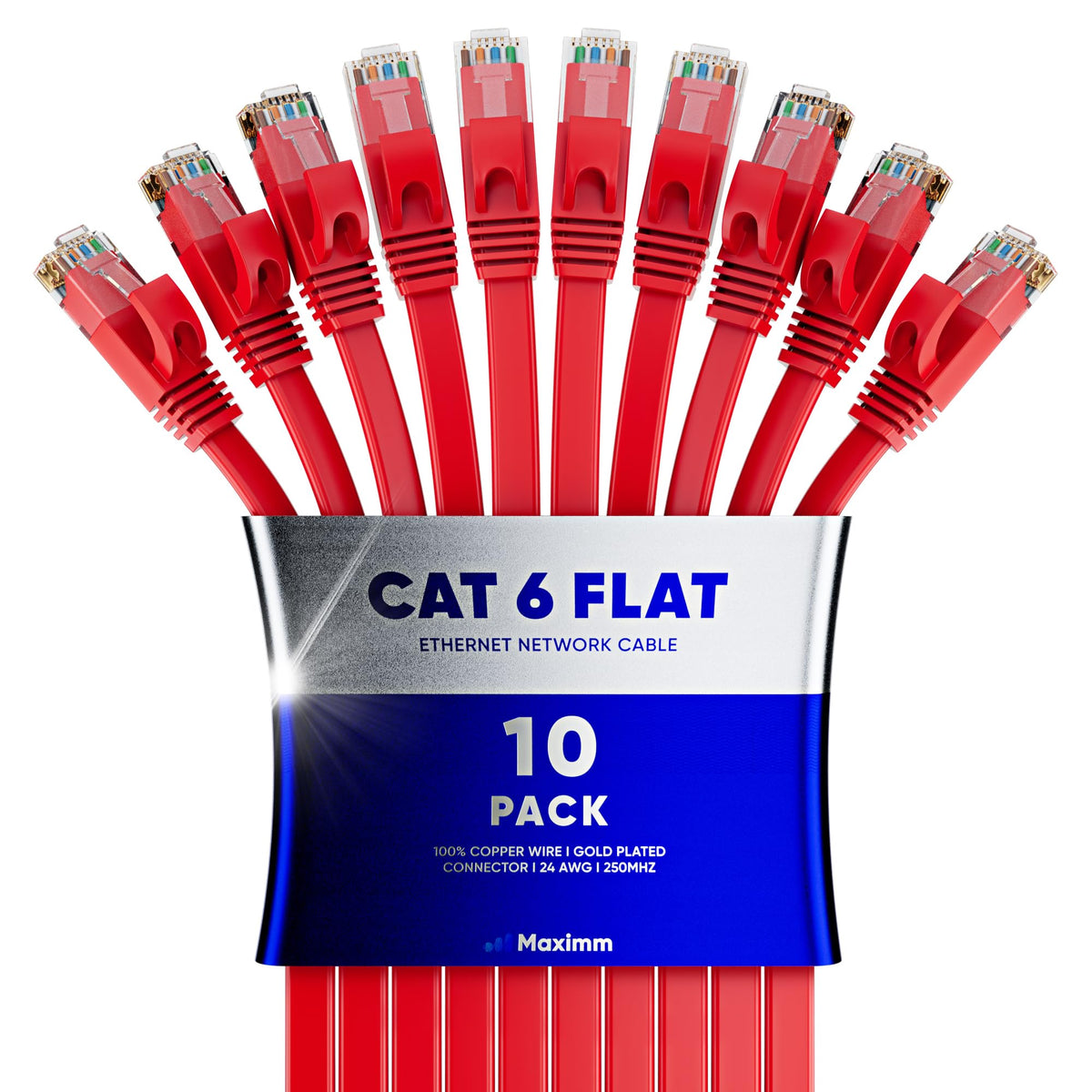 Cat 6 Ethernet Cable 25 Ft   With A Flat, Space Saving Design High Speed Internet & Network Lan Patch Cable, Rj45 Connectors   25Ft / Red / 10 Pack   Perfect For Gaming, Streaming, And More
