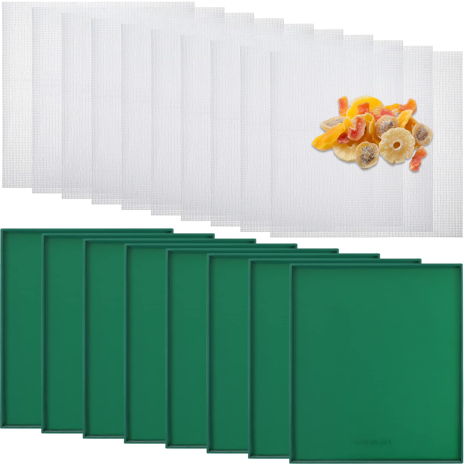Thenshop 8 Pcs Silicone Dehydrator Sheets Trays with Edge and 10 Pcs Mesh Dehydrator Mats Non Stick Reusable Fruit Leather Trays