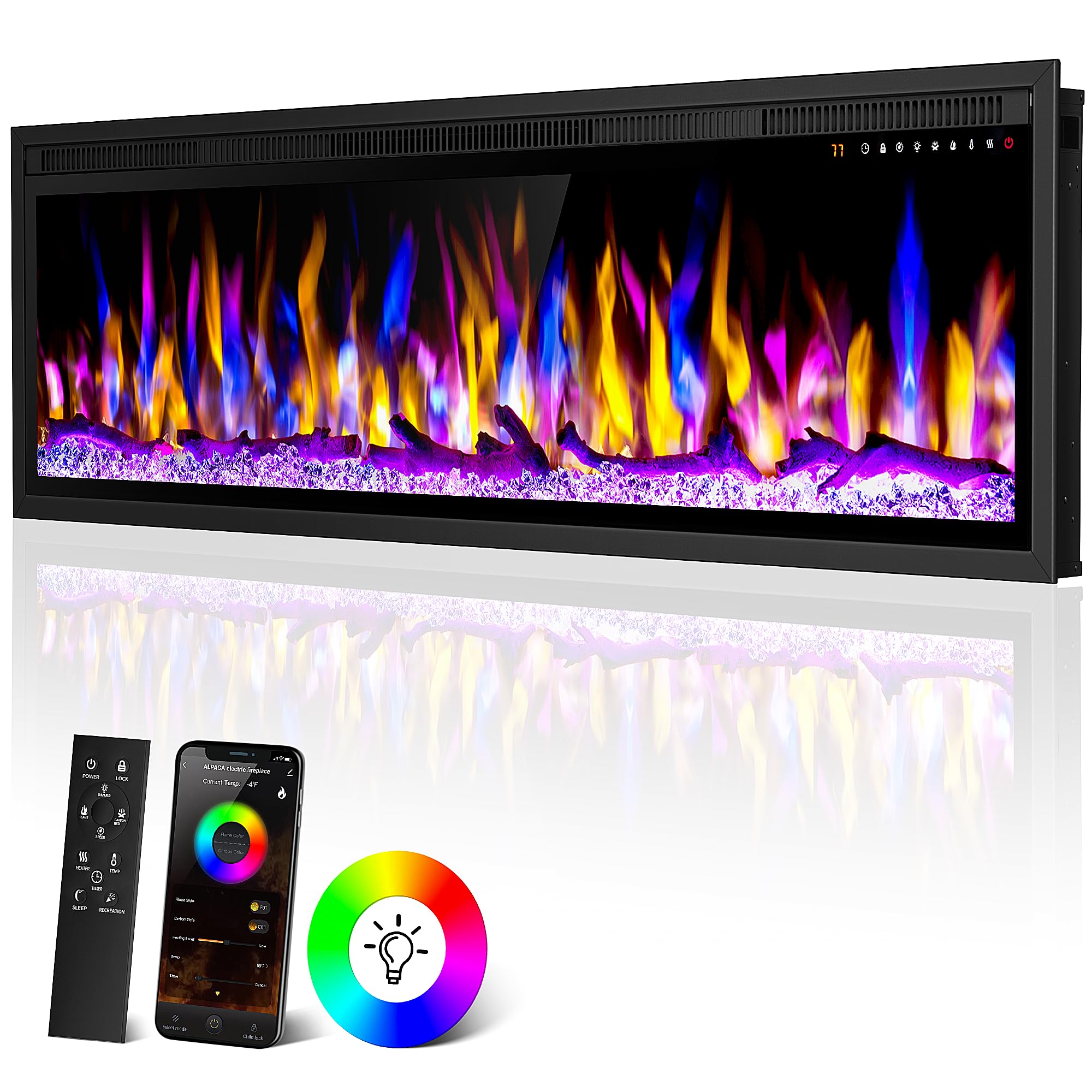 Smart 50'' Wifi Enabled Electric Fireplace Heater, Recessed In Wall And Wall Mounted Linear Fireplace,Compatible With Alexa,13 A