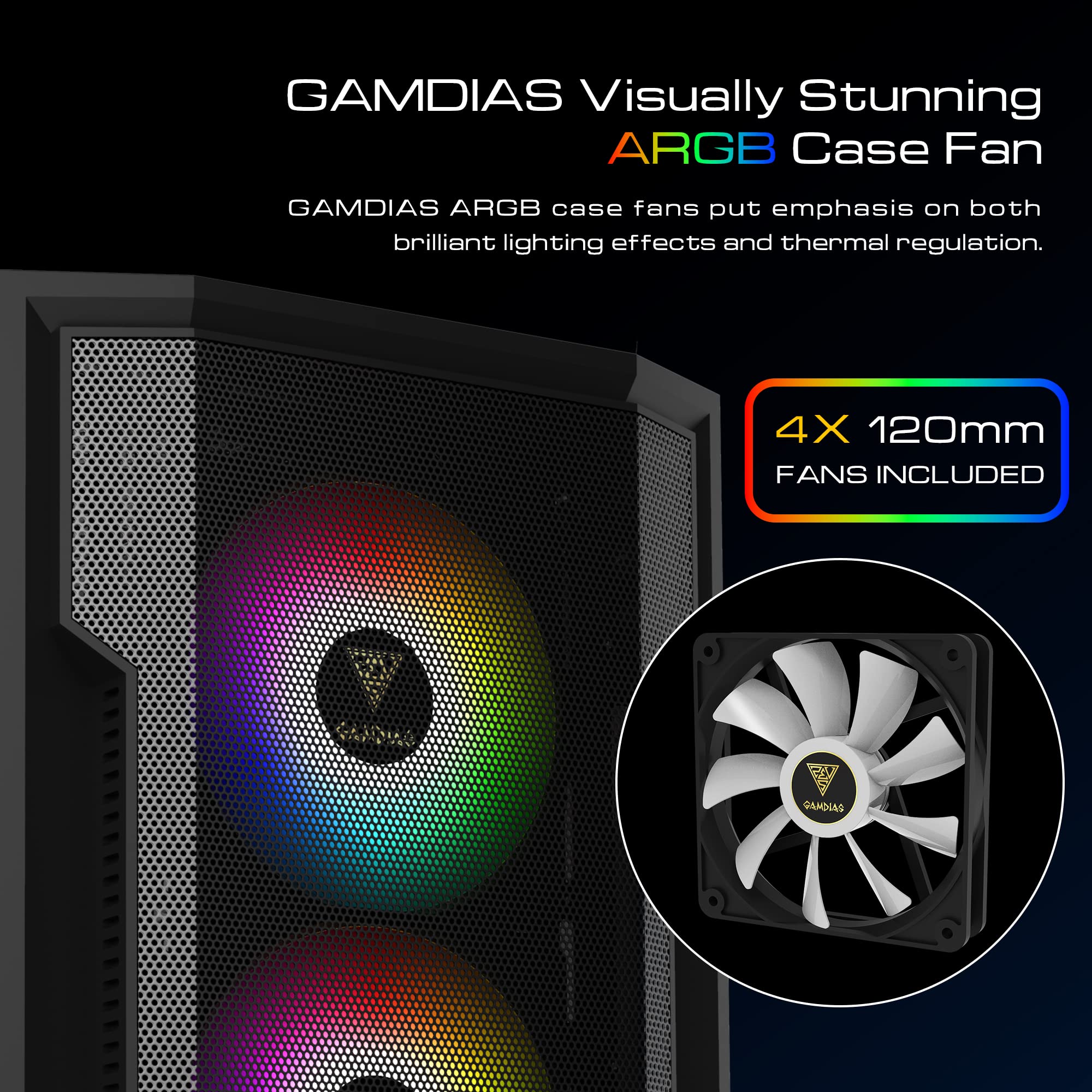 Gamdias Atx Mid Tower Gaming Computer Pc Case With Side Tempered Glass, 4X 120Mm Argb Case Fans And Sync With 5V Rgb Motherboard