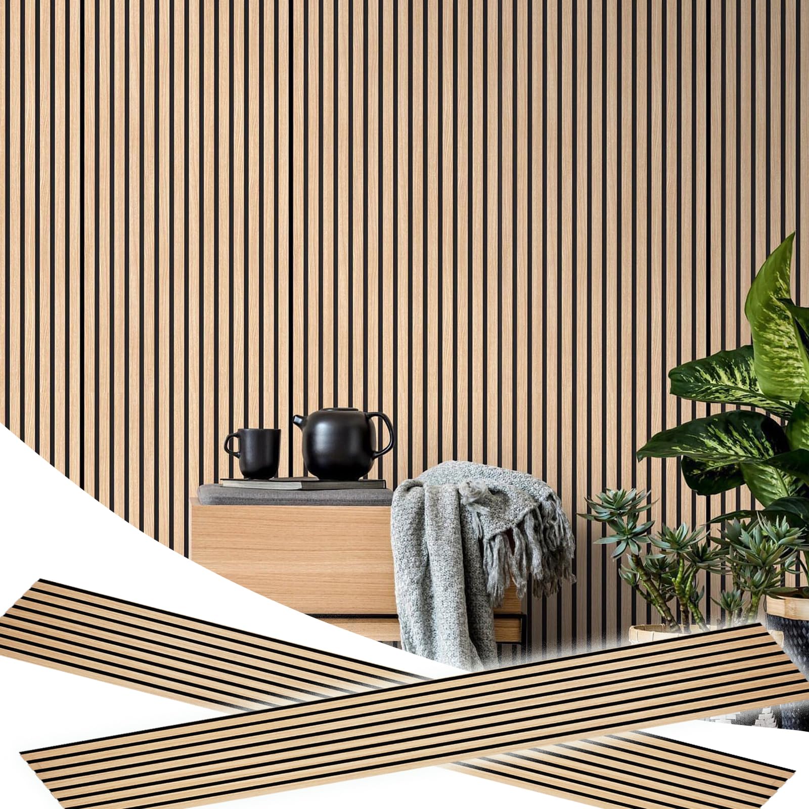 E Hao 2 Piece Wood Slat Acoustic Panels For Stylish Decor And Noise Reduction, 3D Textured Panel For Ceiling And Wall   White Oa