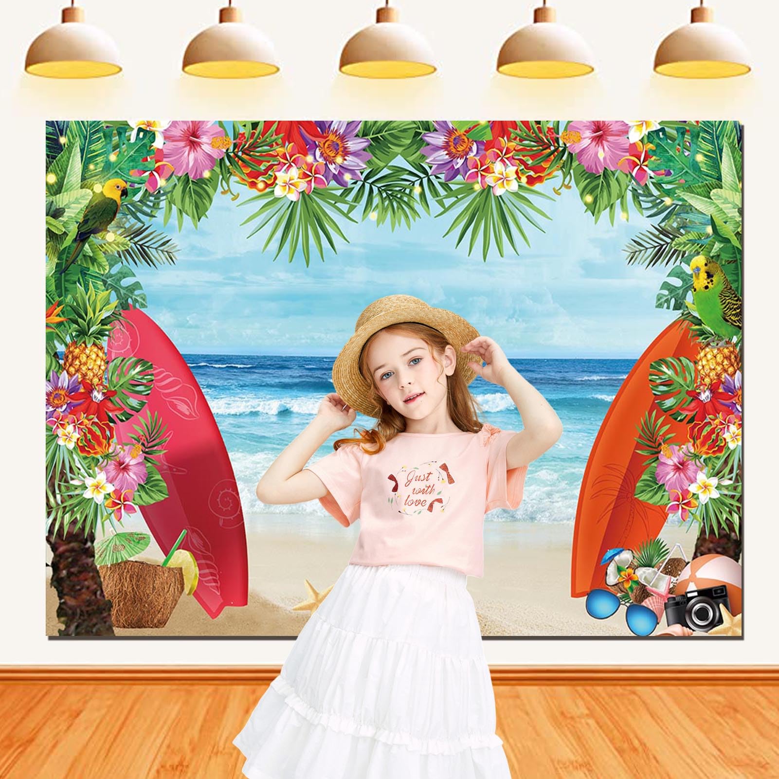 Hqm 10X8Ft Summer Tropical Beach Theme Photo Background Beach Conch Hawaii Blue Sea Flower Children Birthday Luau Party Photogra