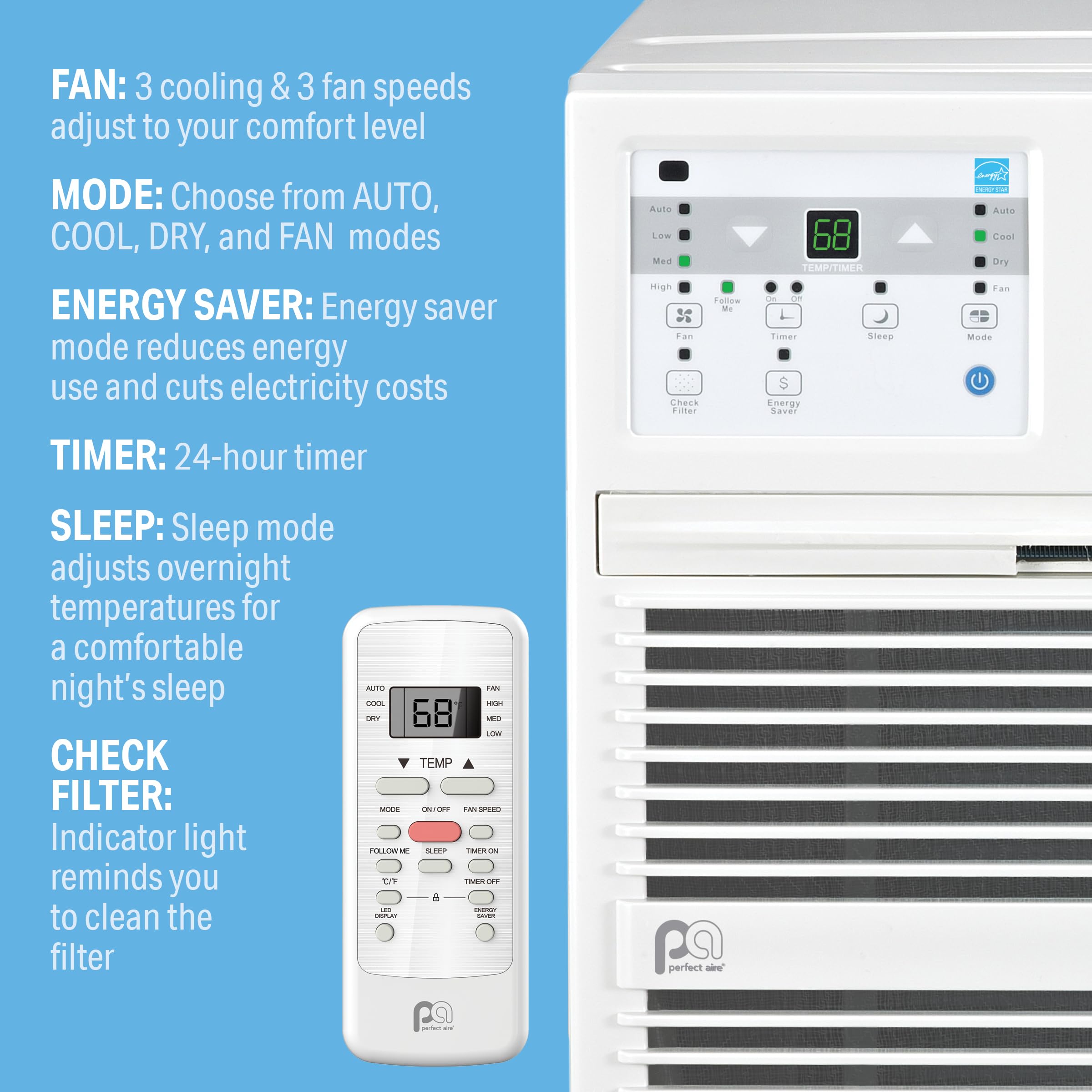 Perfectaire 4Patw8000 8,000 Btu Thru The Wall Air Conditioner With Remote Control, Eer 10.6, 300 350 Sq. Ft. Coverage, White, 8,