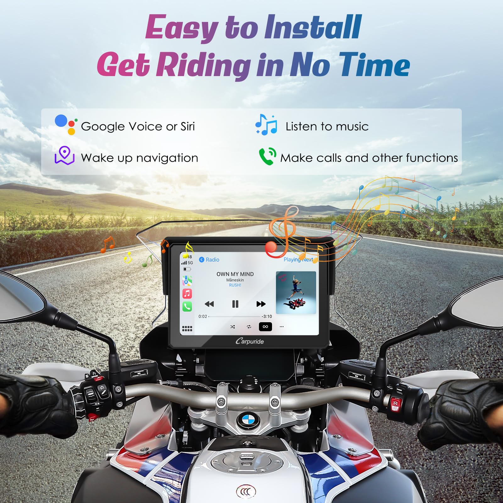 Carpuride W502B Motorcycle Carplay Screen For Bmw R1200Gs R1250Gs S1000Xr Motorcycle, 5 Inch Waterproof Touchscreen, Portable Carplay/Android Auto Gps Navigation For Motorbike, Dual Bluetooth