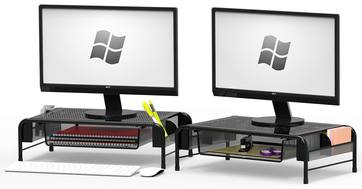 Simple Houseware 2Pk Metal Desk Monitor Stand Riser With Organizer Drawer