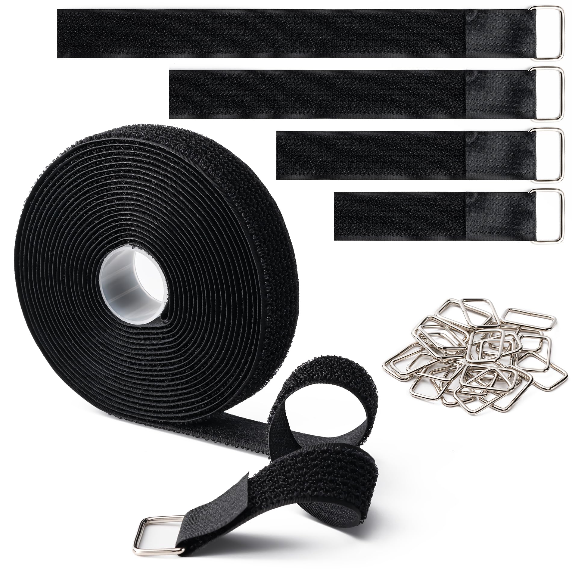 1''X16Ft Hook And Loop Straps With 25 Metal Buckles, Adjustable Fastening Cable Straps, Free Cut Length, Reusable Nylon Cable Ti