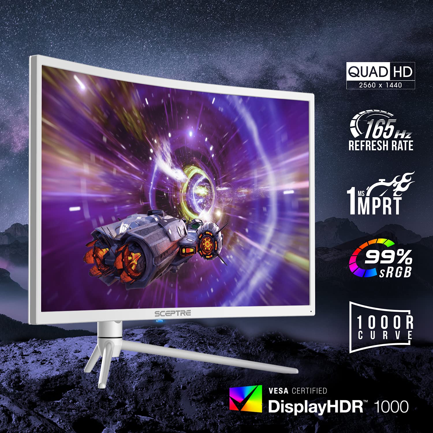 Sceptre Curved 32 Inch Qhd Gaming Monitor 2560 X 1440 Up To 165Hz 144Hz 1Ms Hdr1000 99% Srgb, Light Sensor Height Adjustable Dp