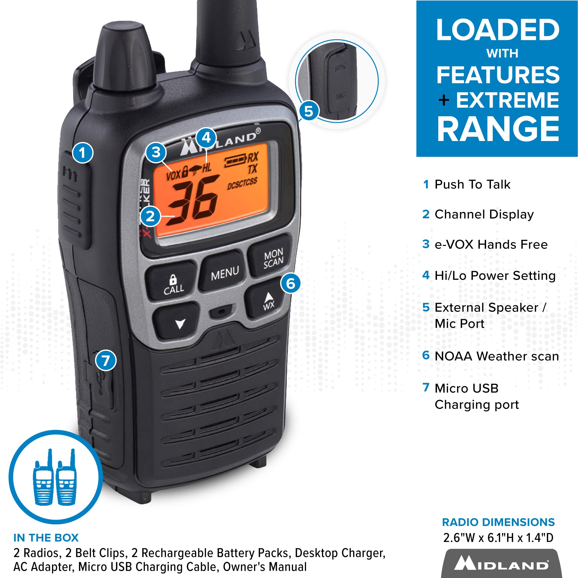 Midland� T71Vp3 X Talker Long Range Walkie Talkie   Frs Two Way Radio For Camping Overlanding Rock Crawling   Noaa Weather Scan   36 Channels And 121 Privacy Codes Black/Silver 2 Pack