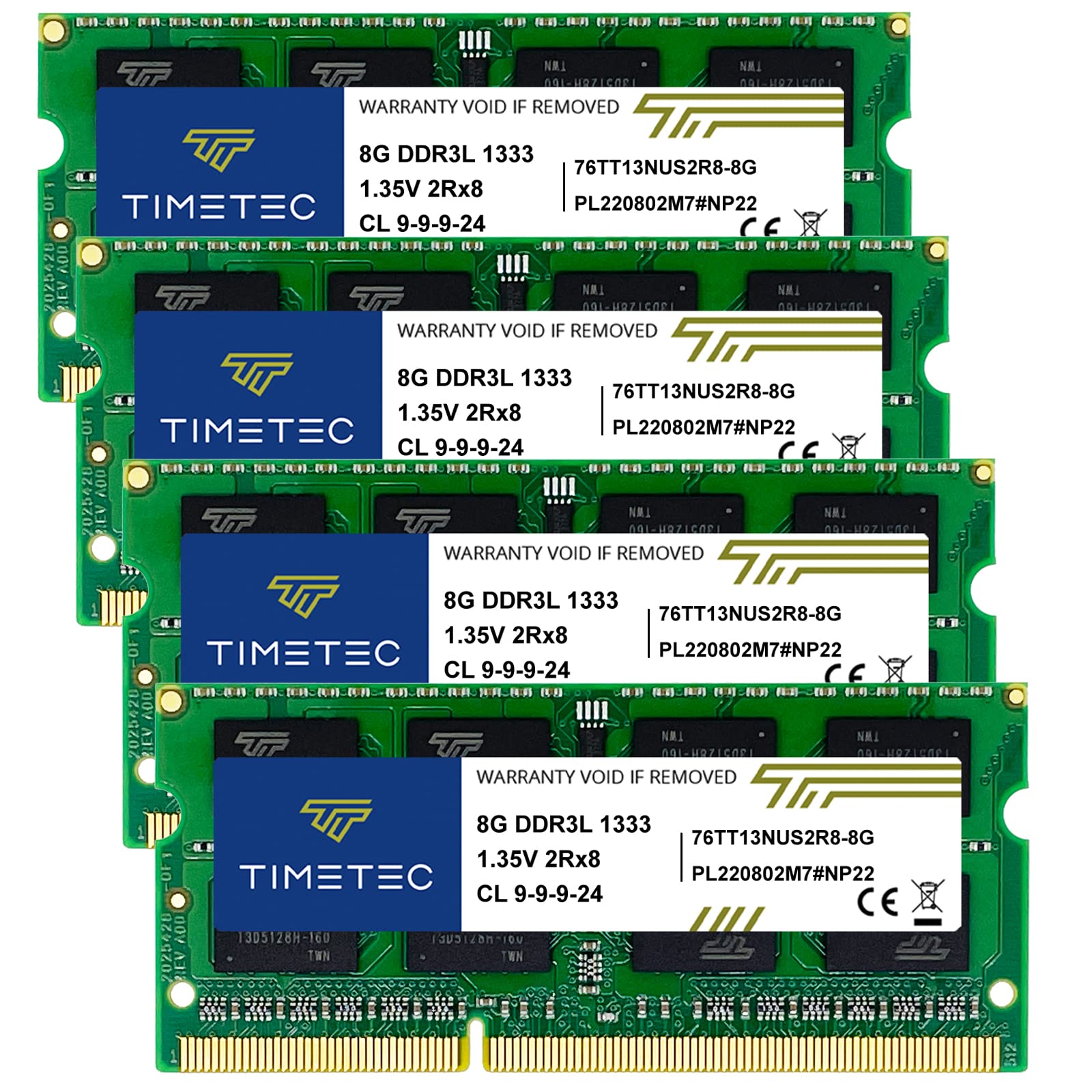 Timetec 32Gb Kit(4X8Gb) Ddr3 / Ddr3L 1333Mhz Pc3 10600 Non Ecc Unbuffered 1.5V / 1.35V Cl9 2Rx8 Dual Rank 204 Pin Sodimm Laptop