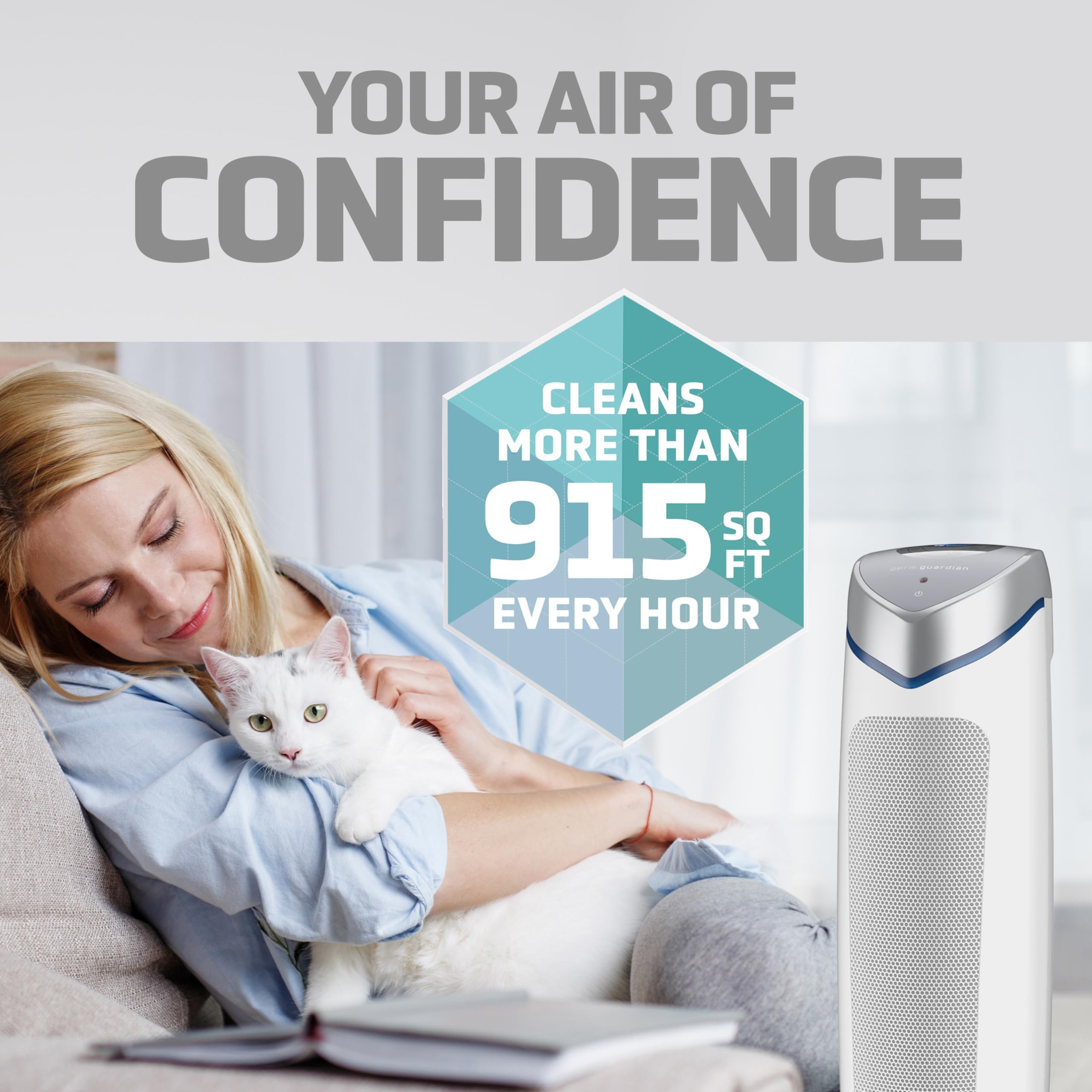 GermGuardian Air Purifier AC5250WPT, HEPA 13 Filter, White, Covers 915 Sq. ft., UV-C Light, Single Unit