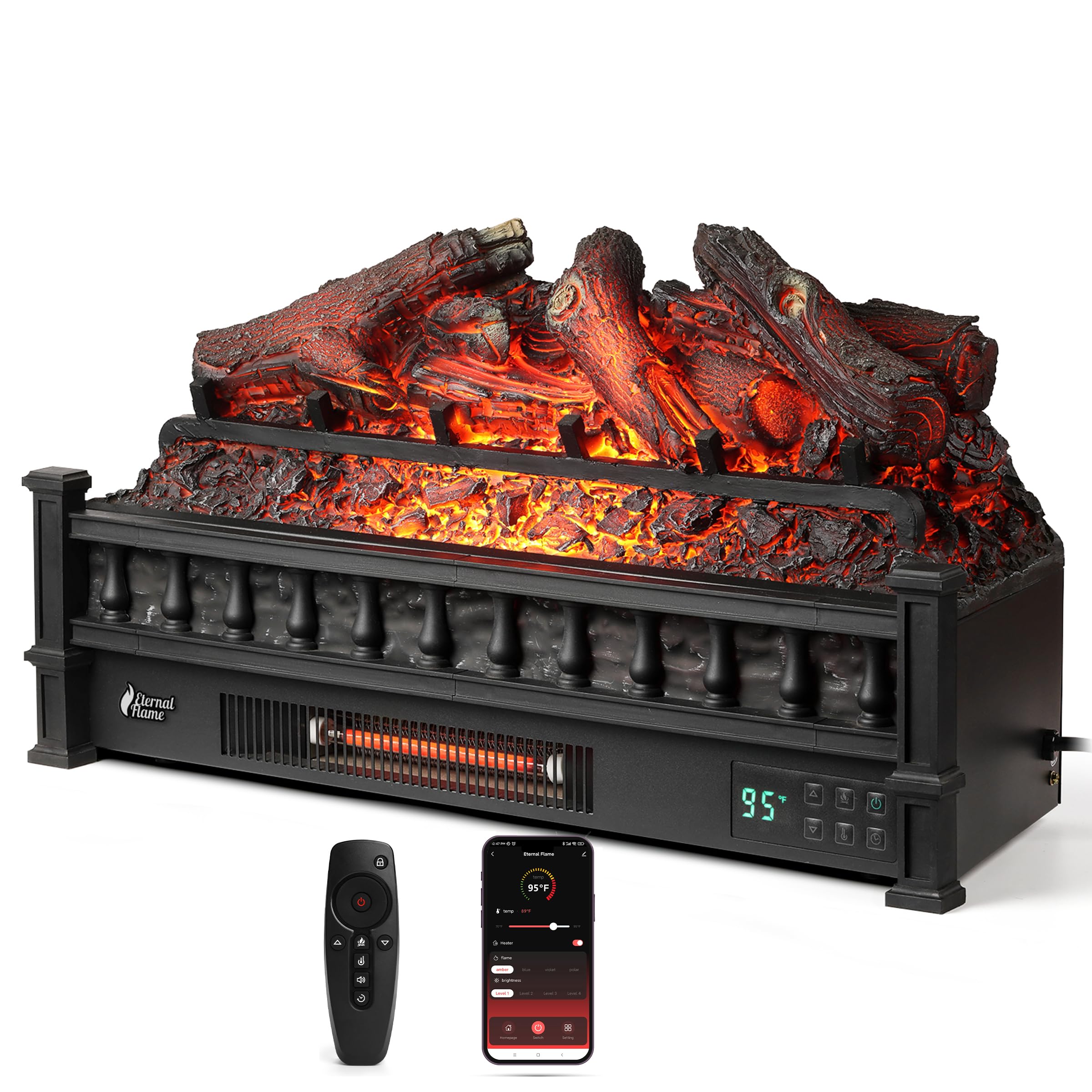 Turbro Eternal Flame 26 In. Wifi Infrared Quartz Electric Fireplace Log Heater With Sound Crackling, Realistic Lemonwood Logs, A