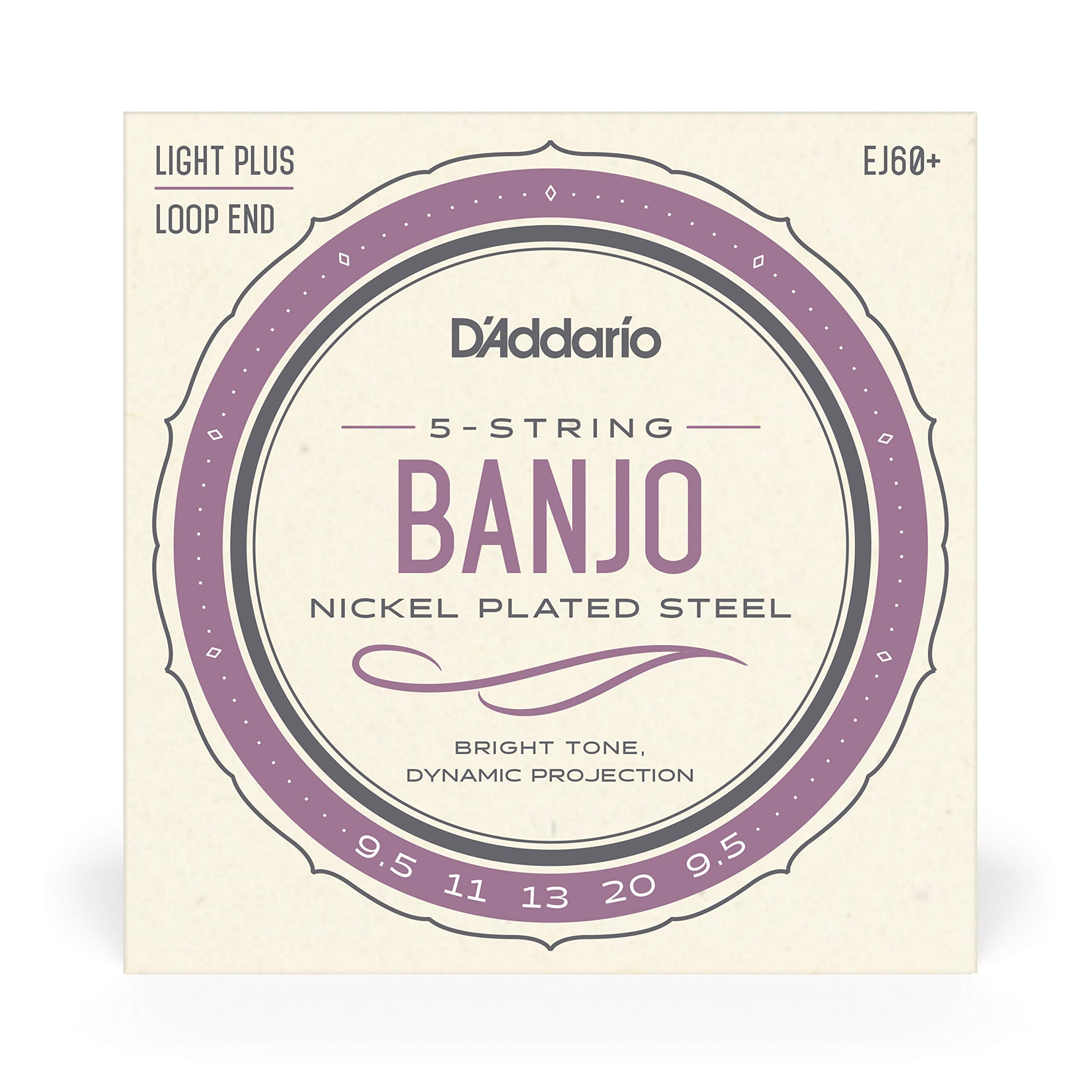 D'Addario Banjo Strings, Nickel Plated Steel, Ej60+, Light Plus Gauge 9.5 20, 5 String Set, Pack Of 1