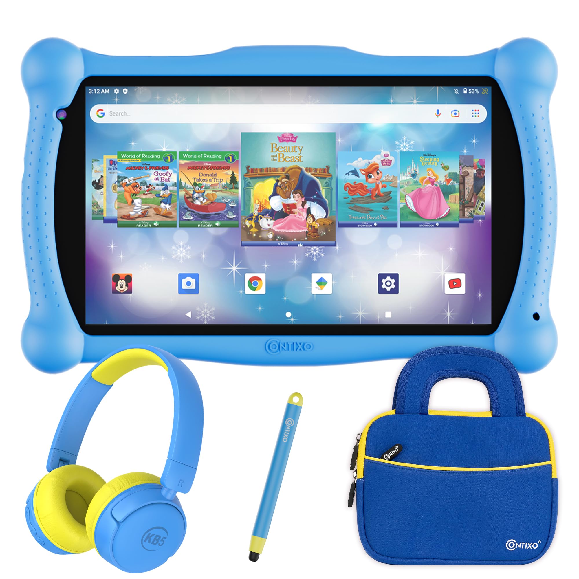 Contixo 7 Inch Disney Kids Learning Tablet, Wifi, Bluetooth, Kids Wired Headphone, Stylus And Tablet Bag Bundle With Teacher Approved Apps And Parent Control   Purple Set