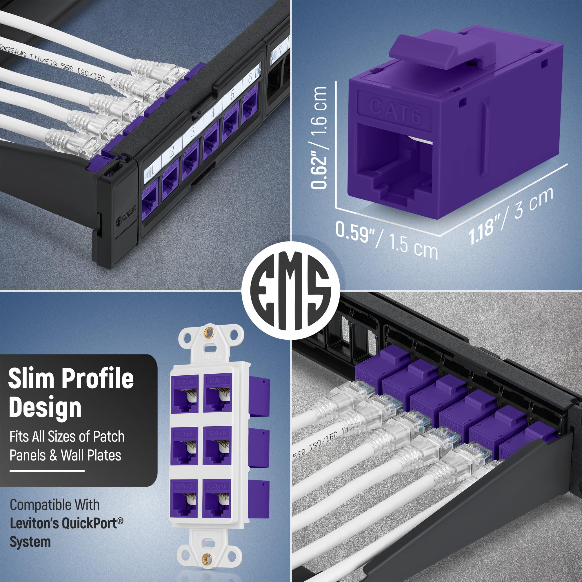 Everest Media Solutions Rj45 Cat6 Keystone Coupler In Purple   12 Pack   Female To Female Ethernet Keystone Jack For Standard Wa