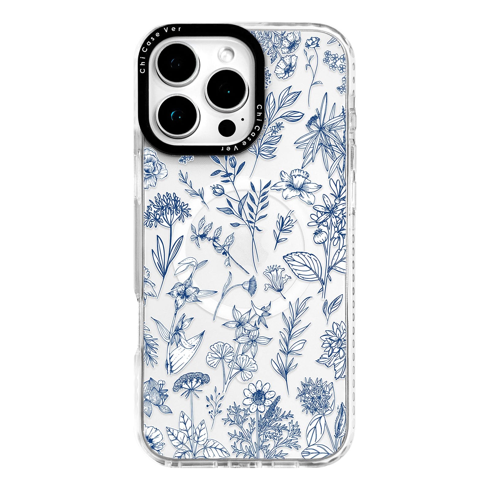 ChiCaseVer for iPhone 16 Pro Case, Blue White Floral Botanical Pattern, Elegant Soft Slim TPU Compatible with MagSafe & Military