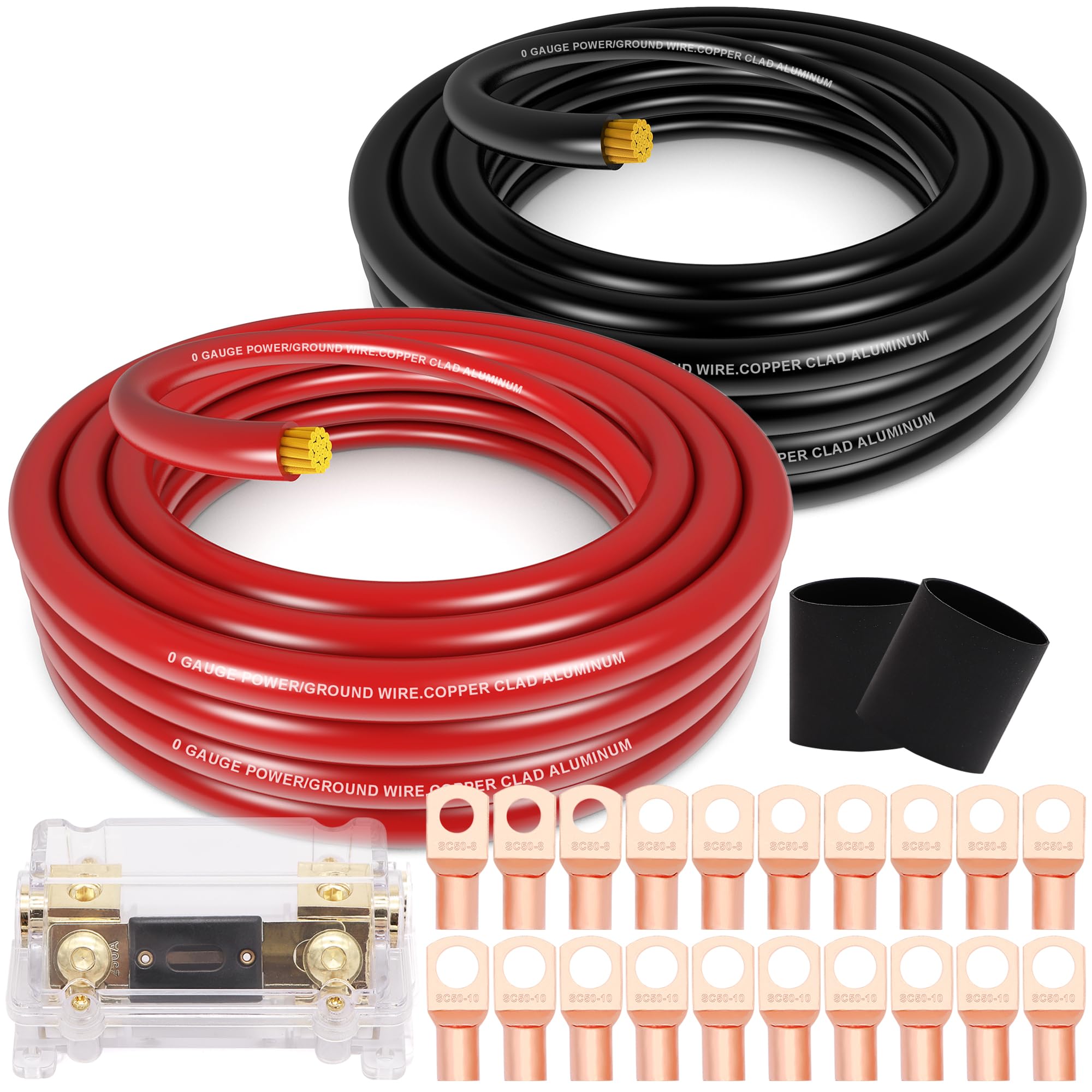 Taukealugs 1/0 Gauge Wire Copper Clad Aluminum Cca 40Ft Black/Red With 0Ga Lugs,250A Anl Fuse Holder And Heat Shrink Tube   Batt