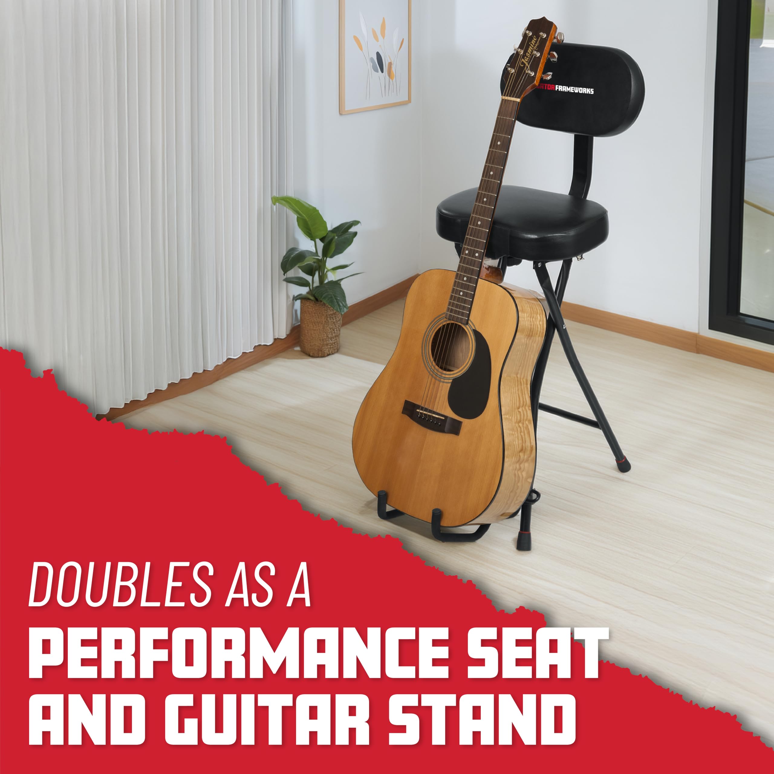 Gator Frameworks Guitar Seat With Padded Cushion, Ergonomic Backrest And Fold Out Guitar Stand, Holds Both Acoustic And Electric