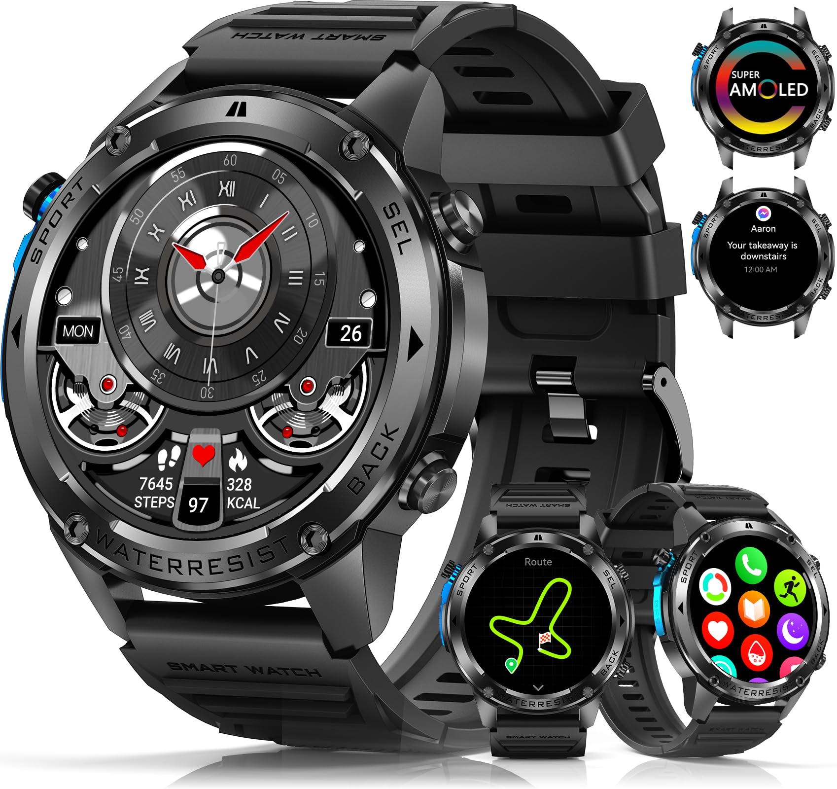 PODOEIL Military Smart Watch for Men with GPS, 1.43 AMOLED Smart Watch with Bluetooth Call, 5ATM Waterproof, 170+ Sports Modes, 