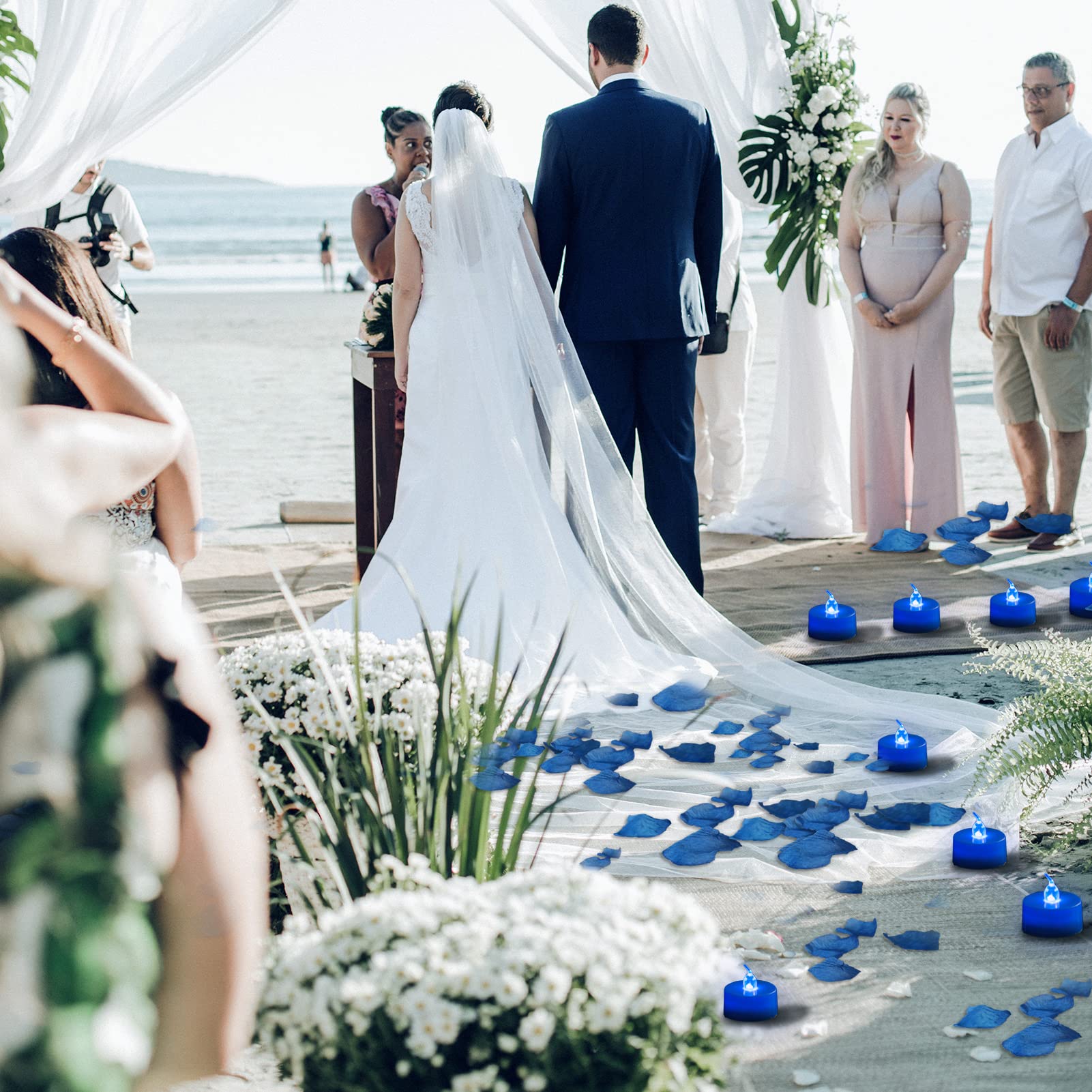 Lanker 500 Pcs Blue Artificial Rose Petals With 24 Pcs Flickering Blue Flameless Tea Lights Candles For Valentine'S Day And Roma