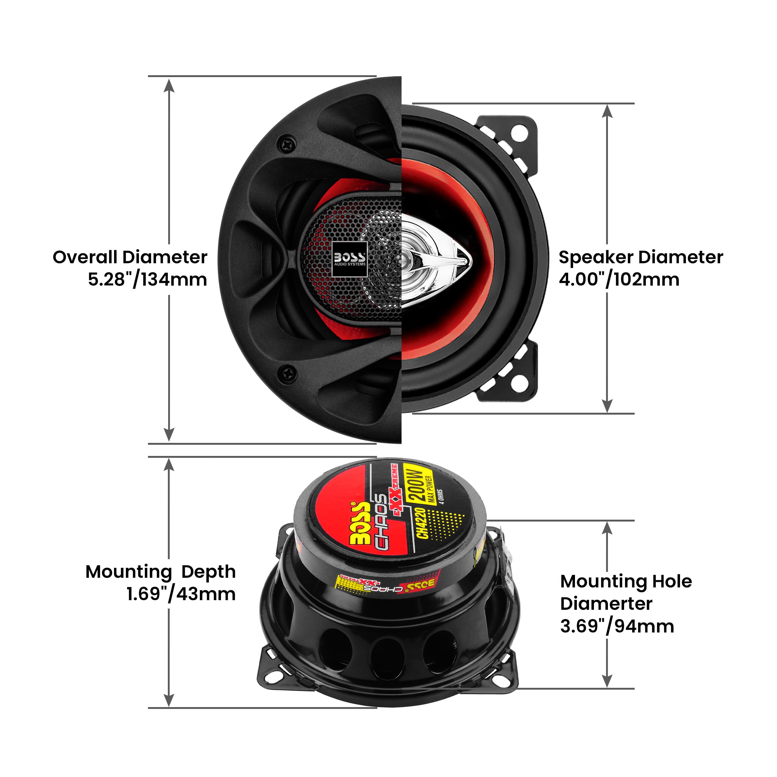 Boss Audio Systems Ch4220 Car Speakers   200 Watts Of Power Per Pair And 100 Watts Each, 4 Inch, Full Range, 2 Way, Sold In Pair