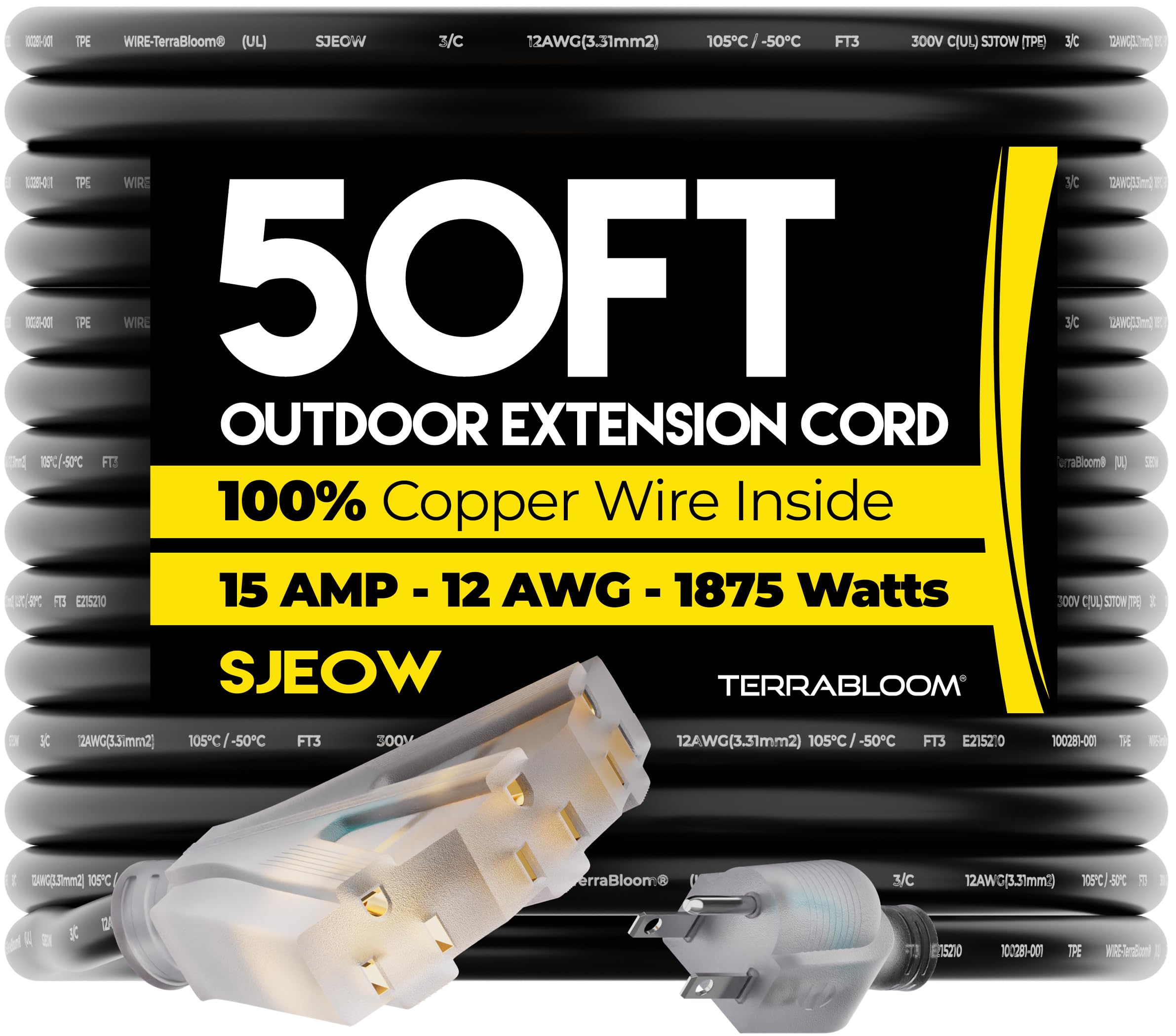 Terrabloom 12/3 Heavy Duty Extension Cord 50 Ft Outdoor   Black Outdoor Extension Cord Multiple Outlet   Ultra Flexible Sjeow Ru