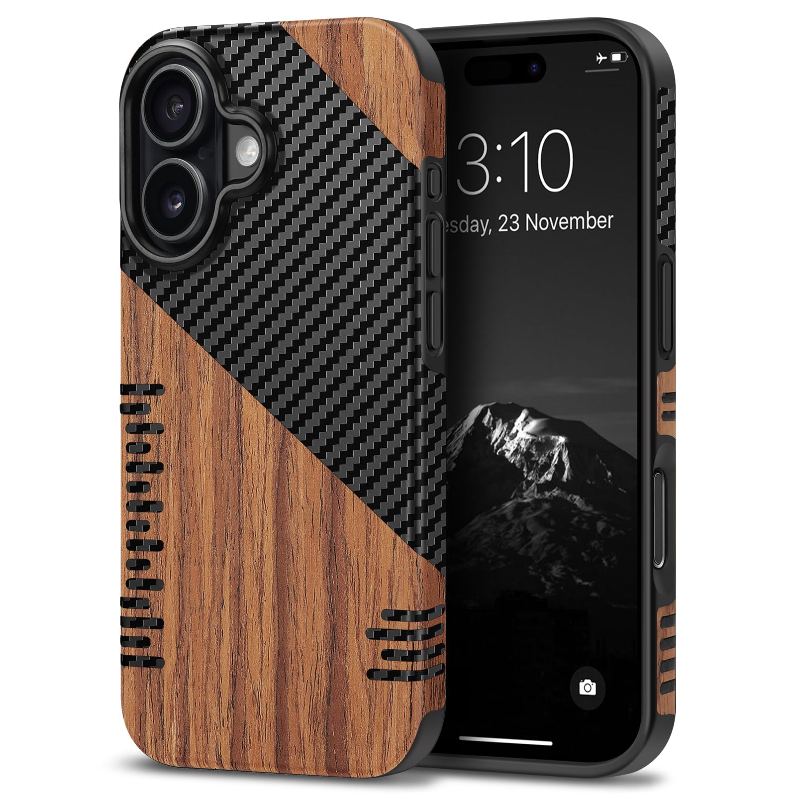 TENDLIN Compatible with iPhone 17 Case Wood Grain with Carbon Fiber Texture Design Leather Hybrid Slim Case (Twill)