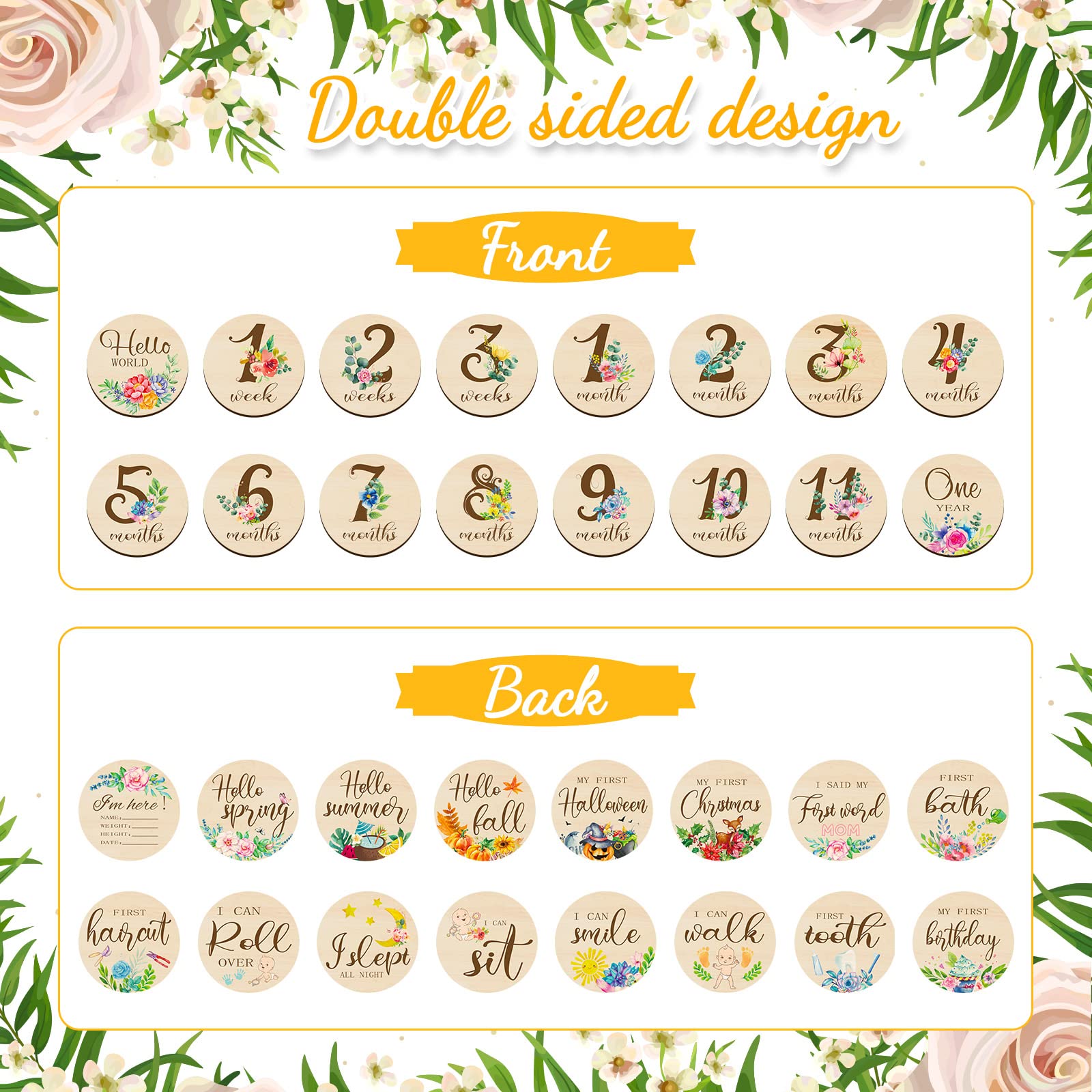 16 Pieces Wooden Baby Monthly Milestone Cards Baby Monthly Milestone Marker Discs Double Sided Monthly Milestone Wooden Circles